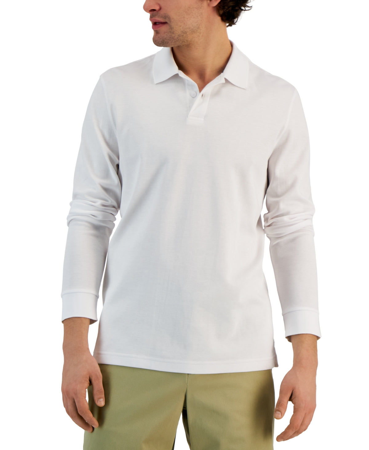 Alfani Mens Classic Fit Solid Long Sleeve Polo Shirt Bright White Medium