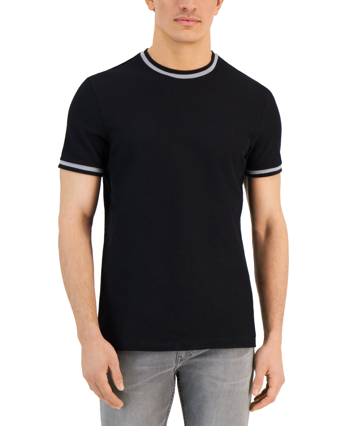 Alfani Men's Tipped Textured Pique T Shirt Black  2XL