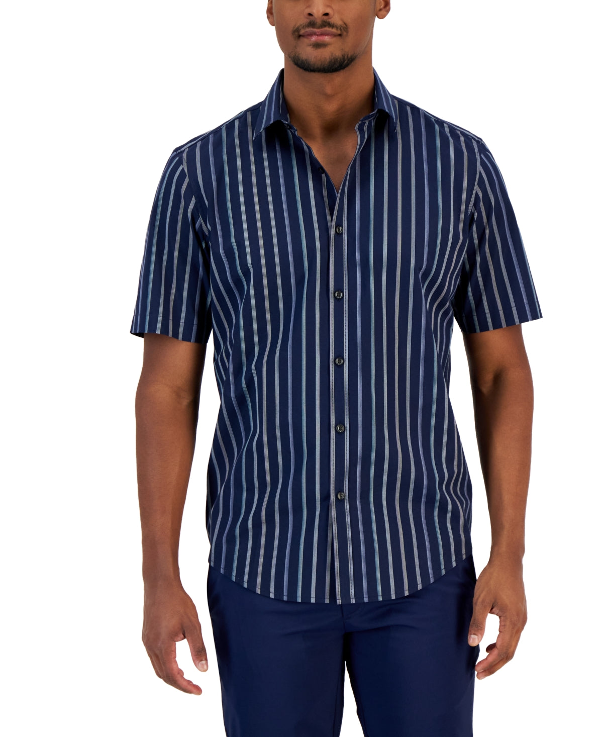 Alfani Men's Classic Fit Short Sleeve Striped Button Down Shirt Blue Small
