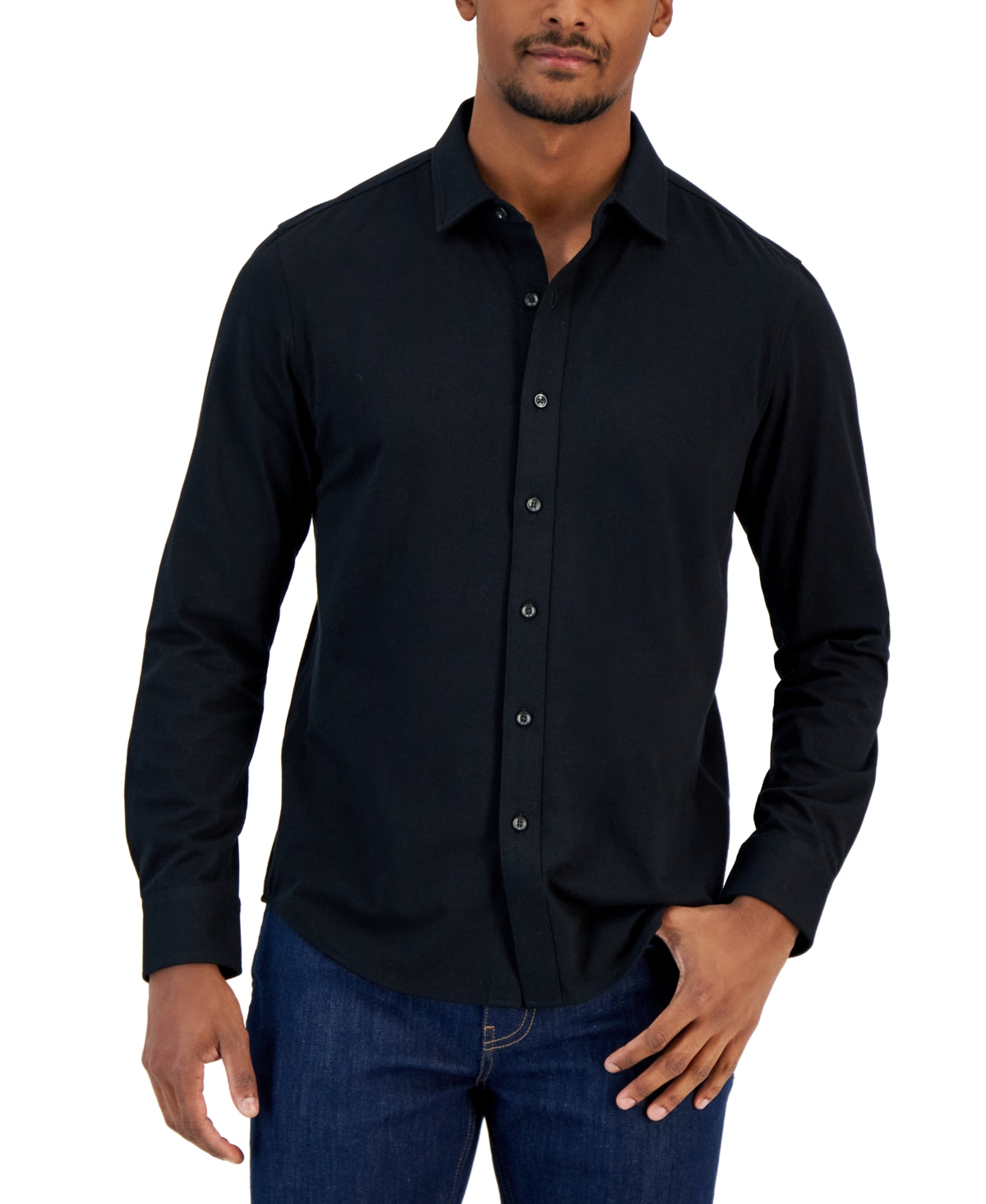 Alfani Men's Classic Fit Heathered Jersey Knit Button Down Shirt Deep Black XL