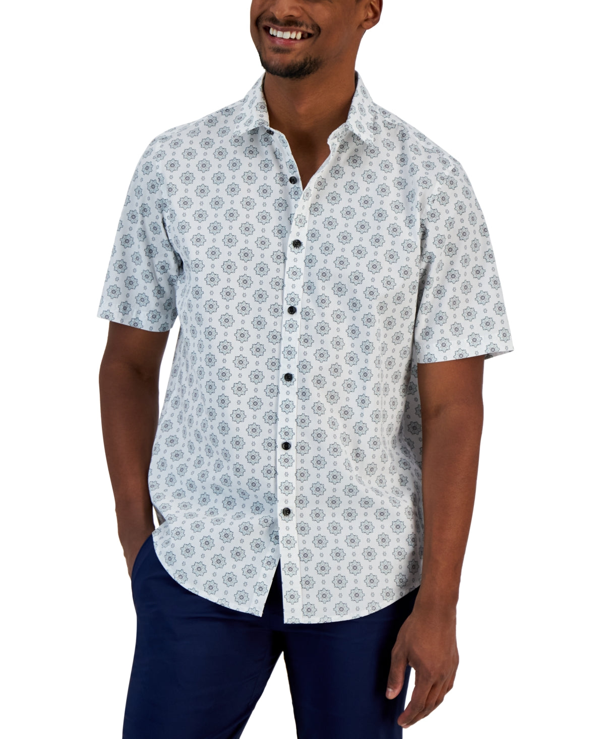 Alfani Mens Manu Medallion print Button down Shirt White Small