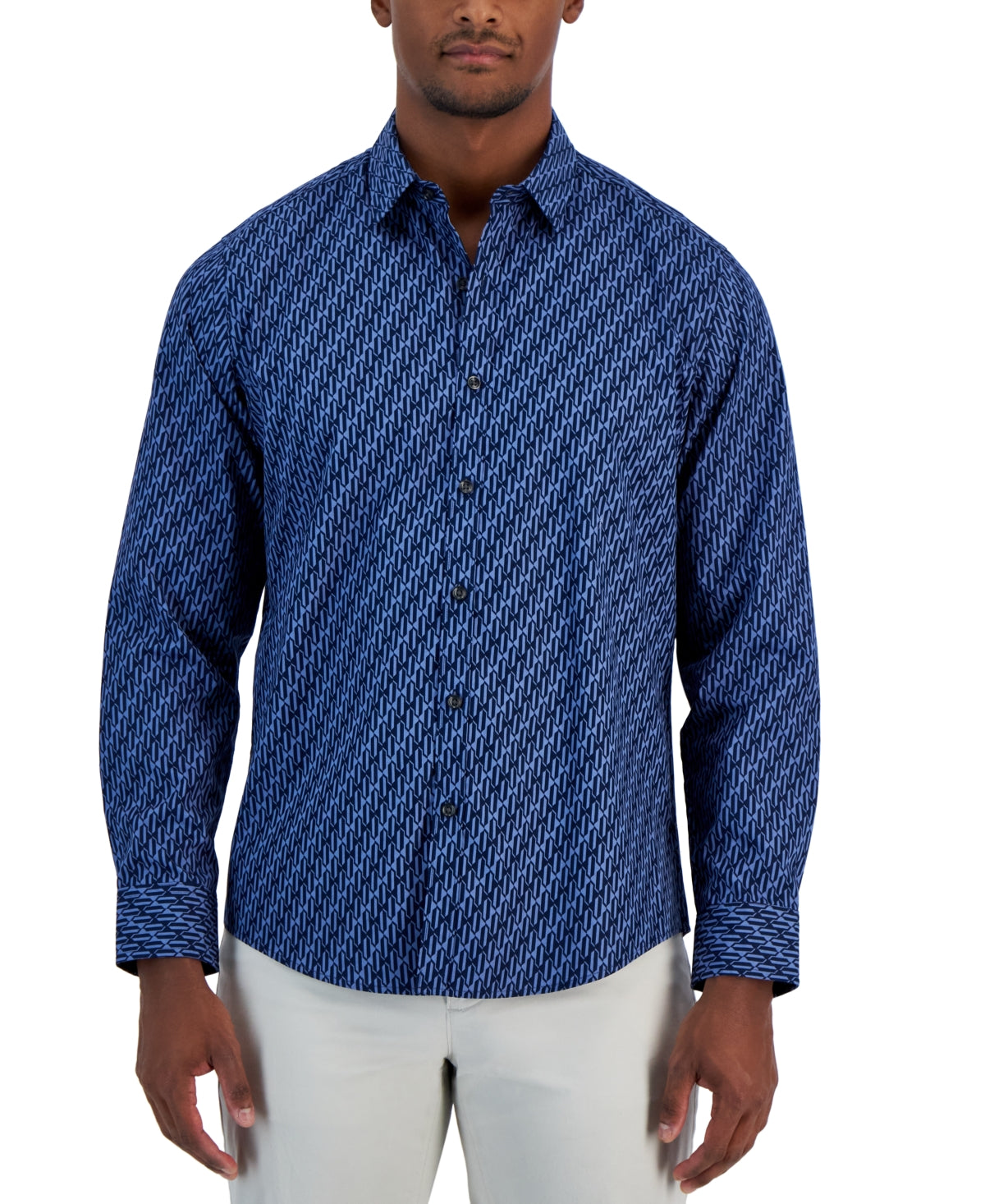 Alfani Mens Geometric Print Long Sleeve Button Down Shirt Blue Medium