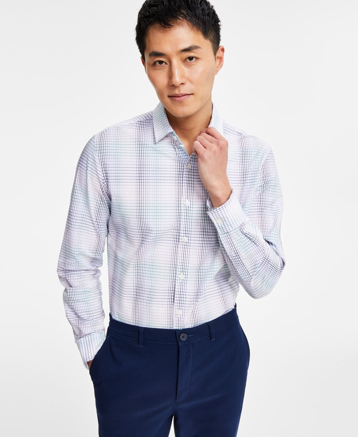 Alfani Mens Regular Fit Gradient Plaid Shirt White 2XL