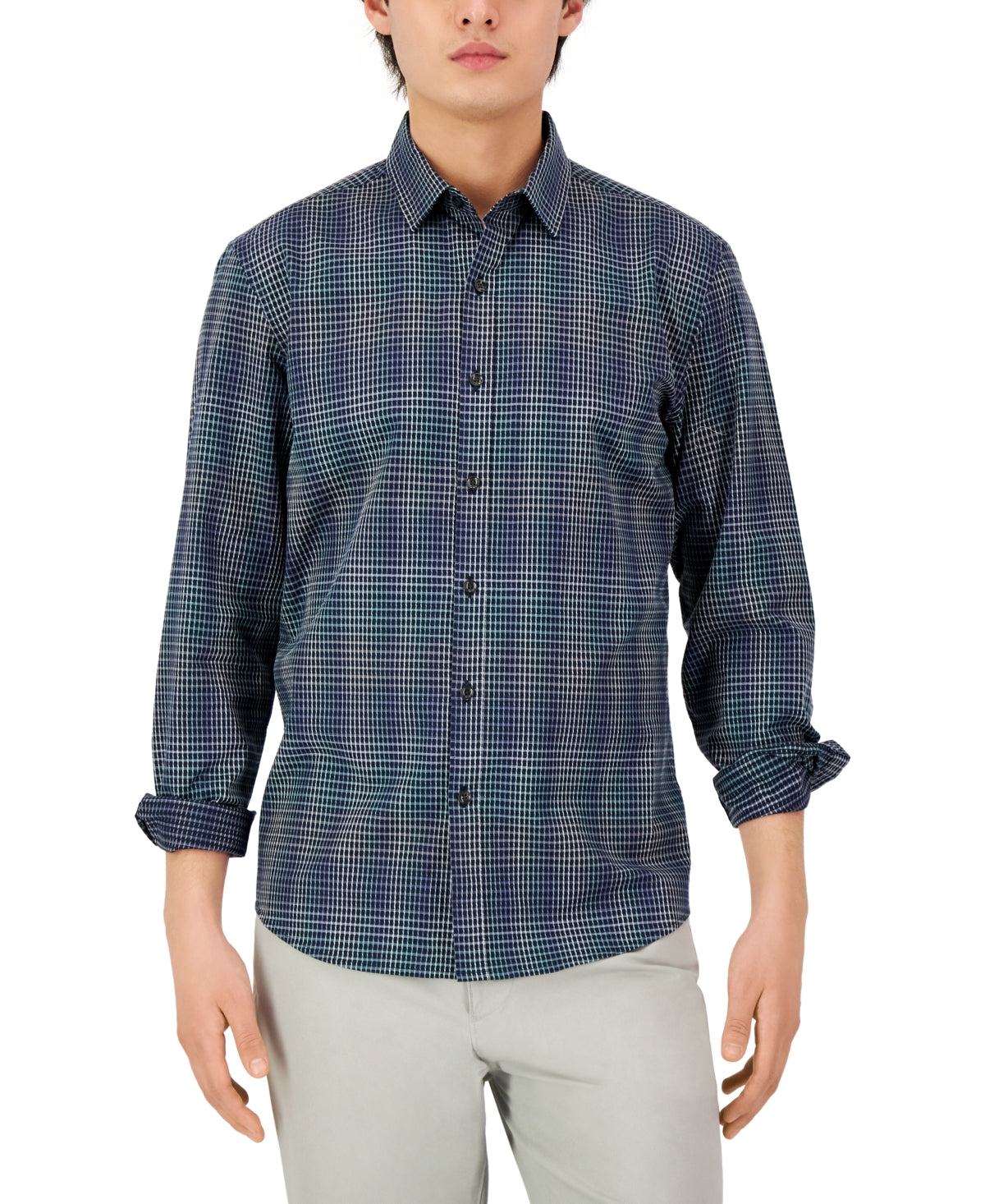 Alfani Men's Regular-Fit Gradient Plaid Shirt XL Neo Navy