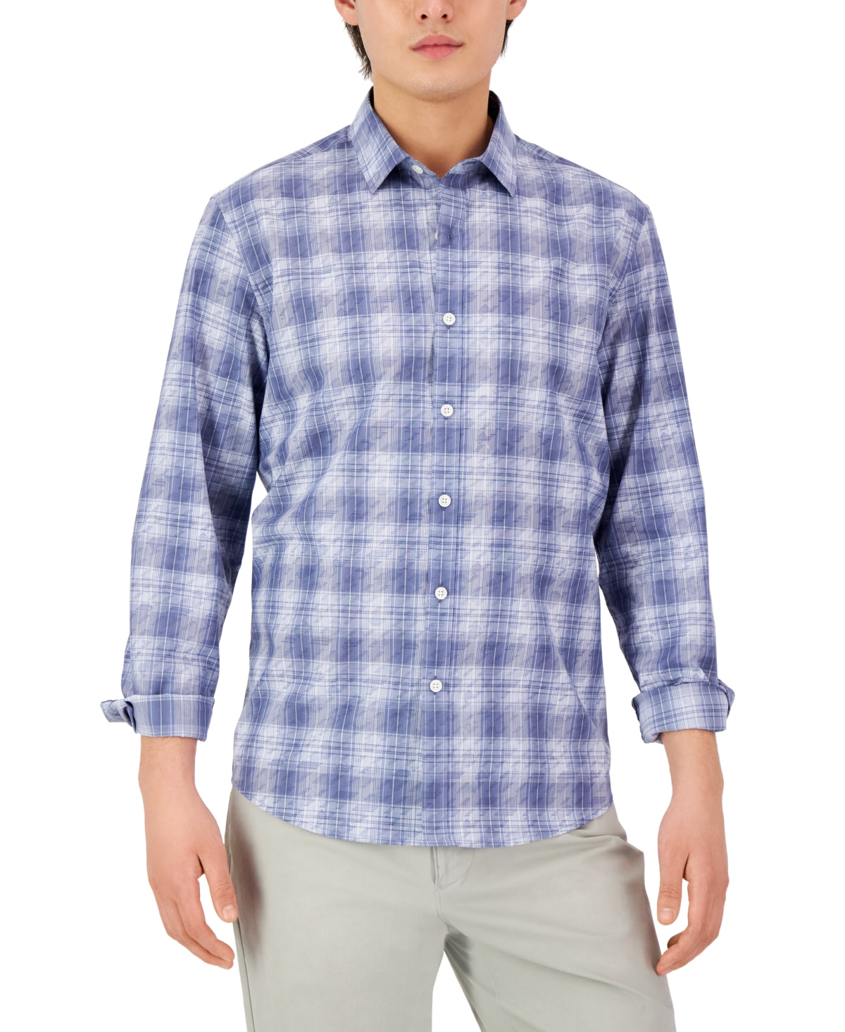 Alfani Men's Long-Sleeve Button Down Shirt Domina Plaid Blue Combo XL