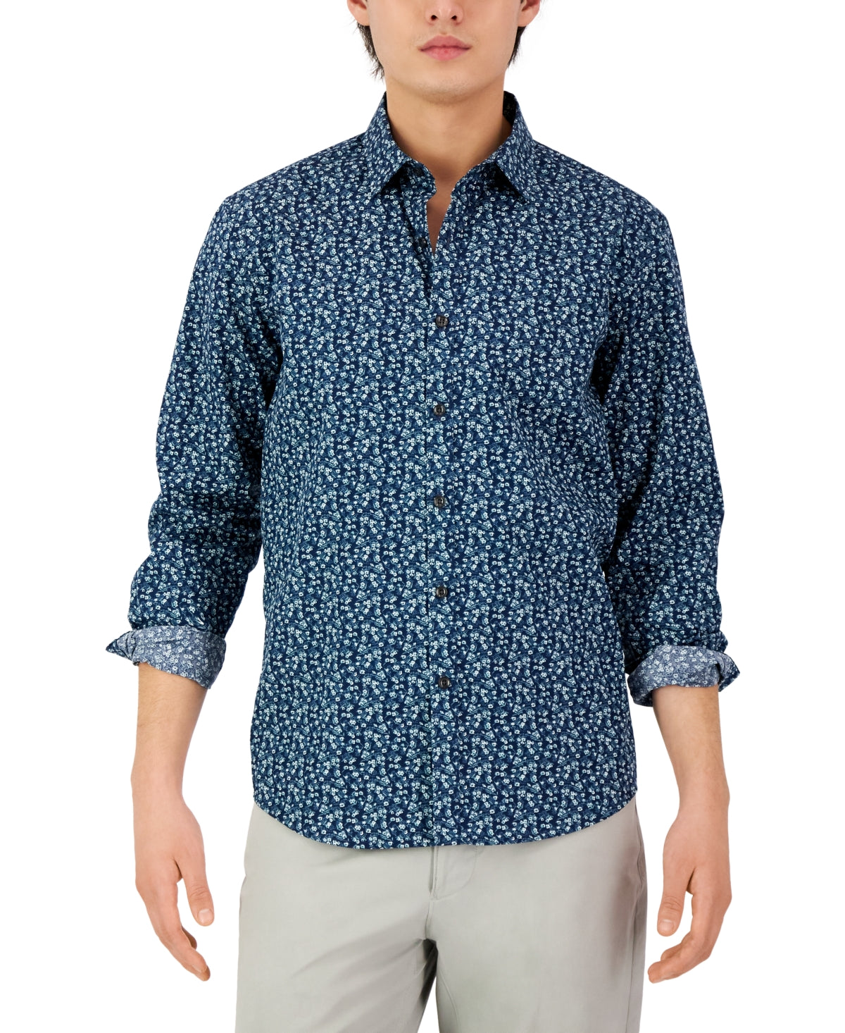 Alfani Men's Long sleeve Floral Print Shirt  Navy Combo  Medium