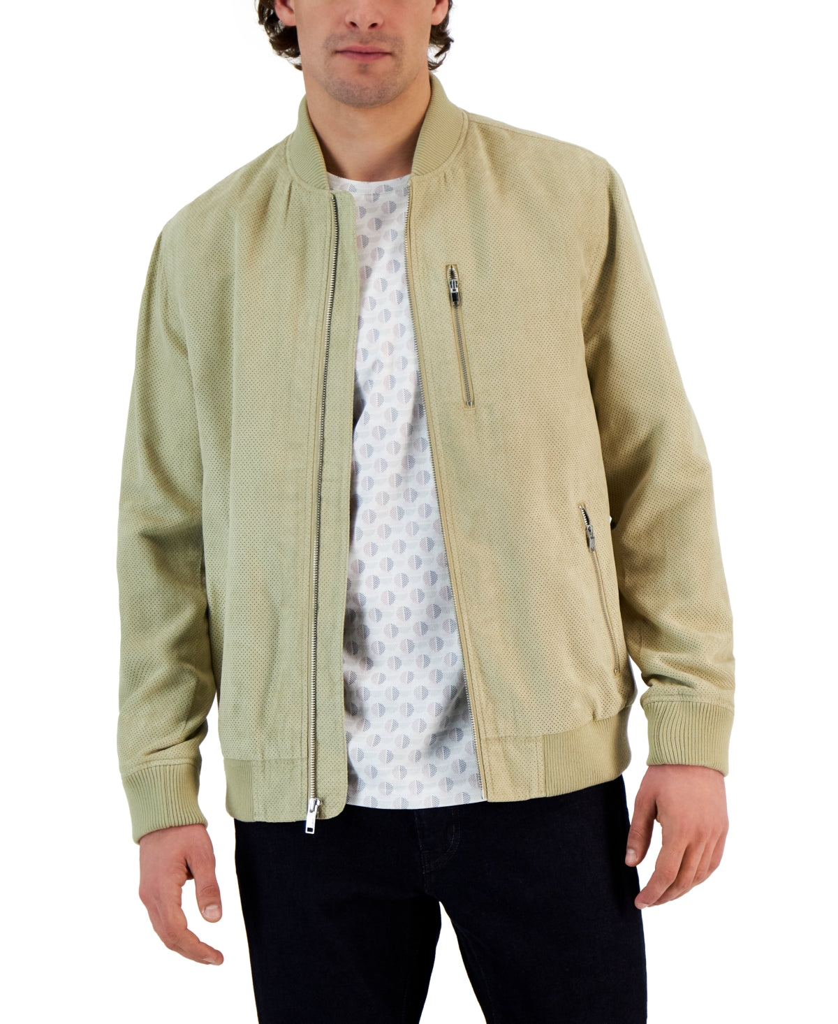 Alfani Mens Perforated Bomber Jacket Brown Rice Small