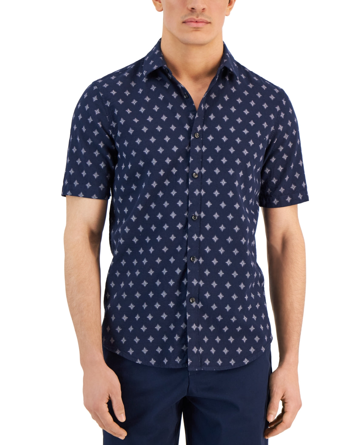 Alfani Men's Mecca Classic Fit Medallion Print Button Down Shirt Navy 2XL