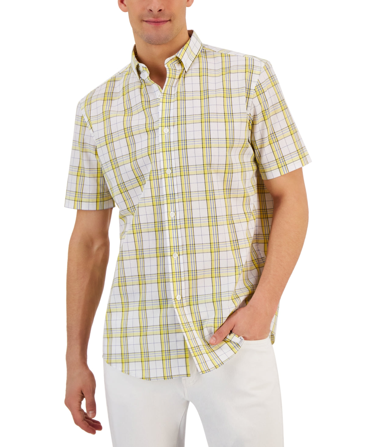Club Room Men's Short Sleeve Button Down Shirt Bright White Yellow Plaid Small