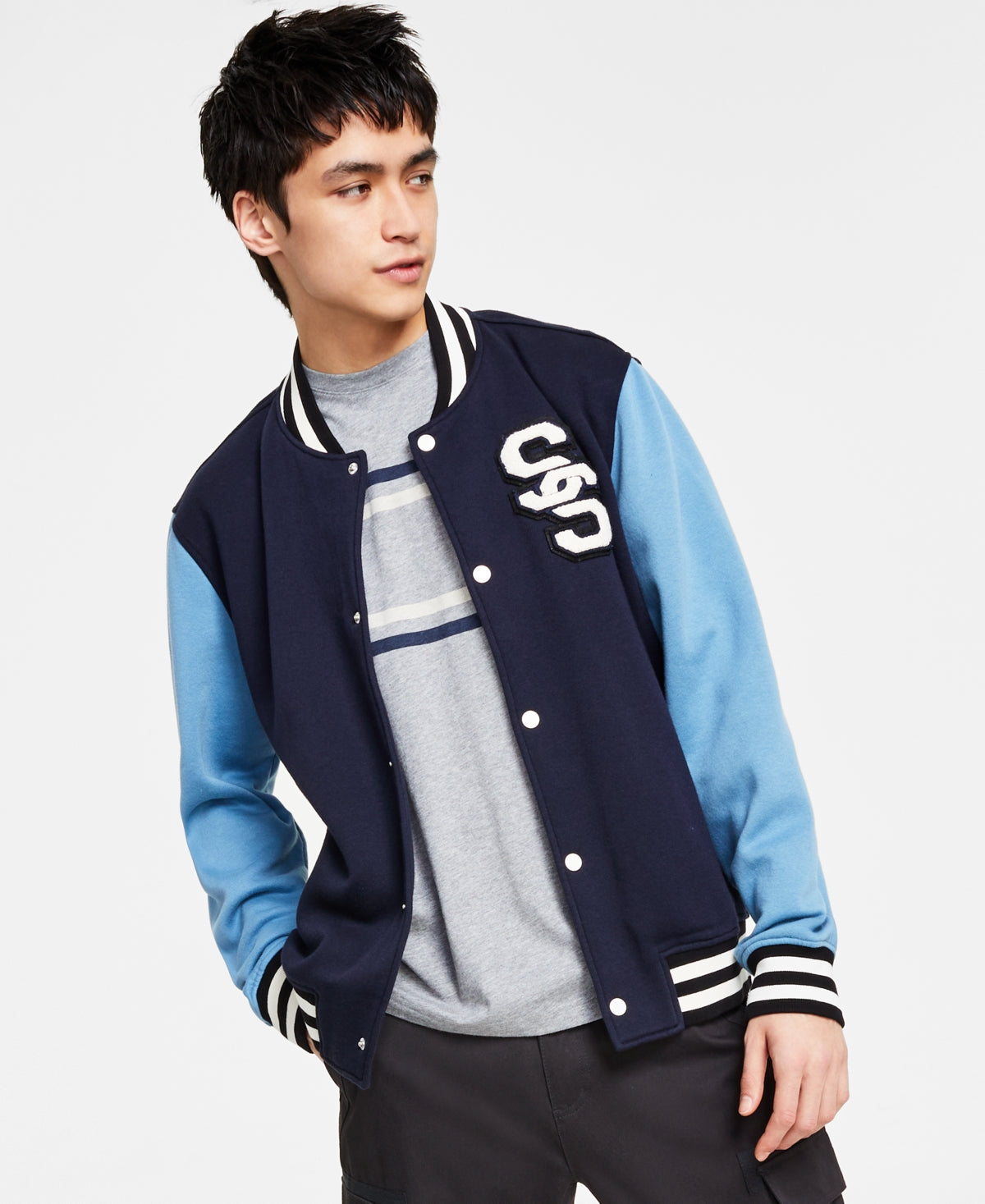 Sun + Stone Men's Martin Fleece Bomber Varsity Jacket Medium Blue