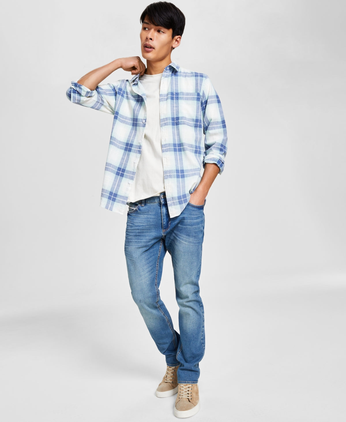 Sun + Stone Men's Brock Classic-Fit Textured Plaid Button Down Shirt Blue Small
