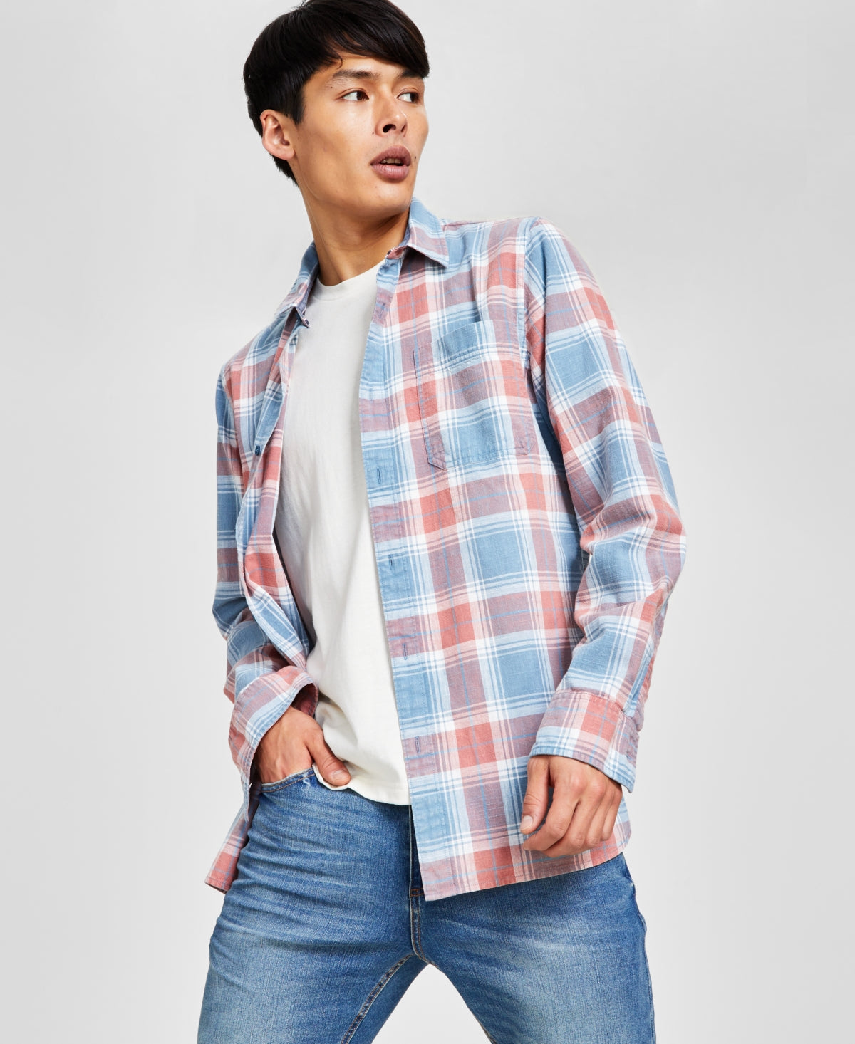 Sun + Stone Mens Brock Classic Fit Button Down Shirt Red Blue Plaid  Large
