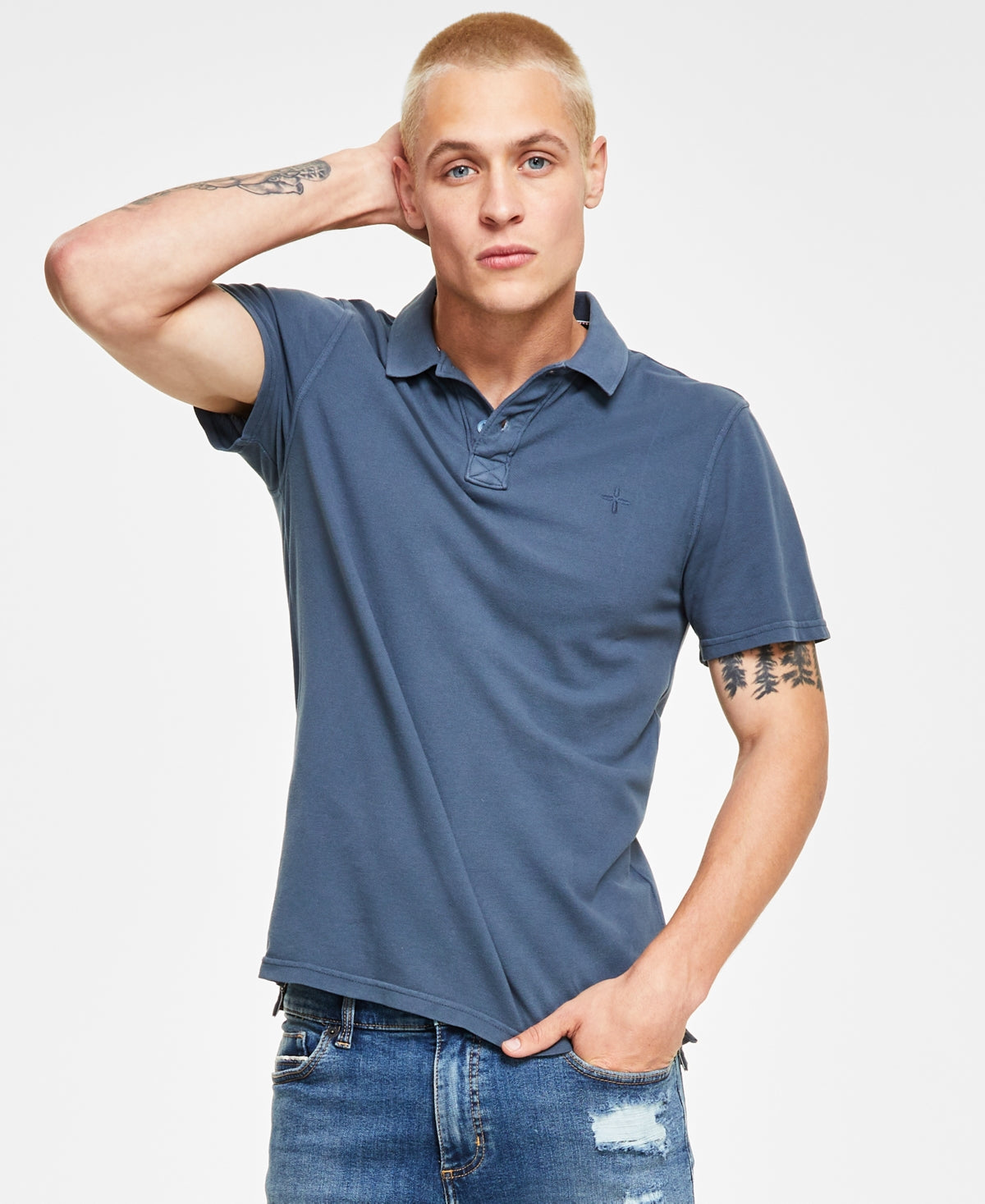 Sun + Stone Men's Regular Fit Solid Pique Polo Shirt Blue Small