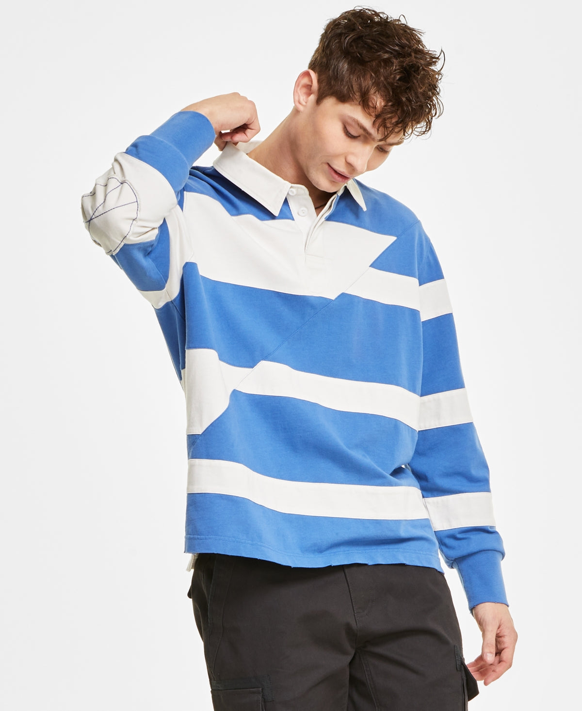 Sun + Stone Men's Robert Striped Long Sleeve Rugby Polo Shirt Blue Small