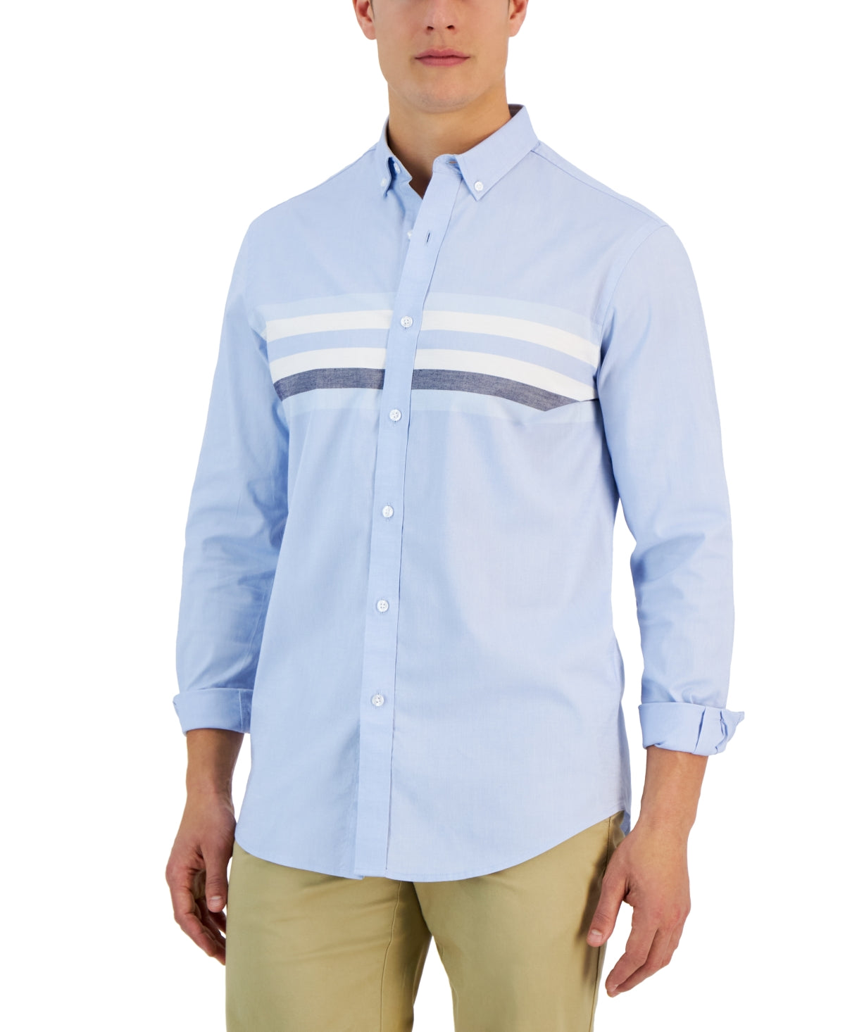 Club Room Horizon Long Sleeve Chest Stripe Oxford Button Down Shirt Blue Small