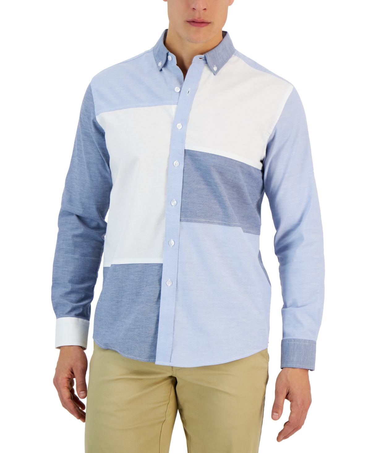 Club Room Mens Ethan Patchwork Oxford Shirt Navy Medium