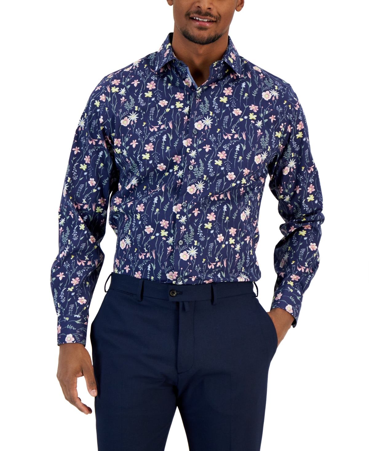 Bar Iii Men's Slim Fit Floral Print Button Down Dress Shirt Blue Pink Small