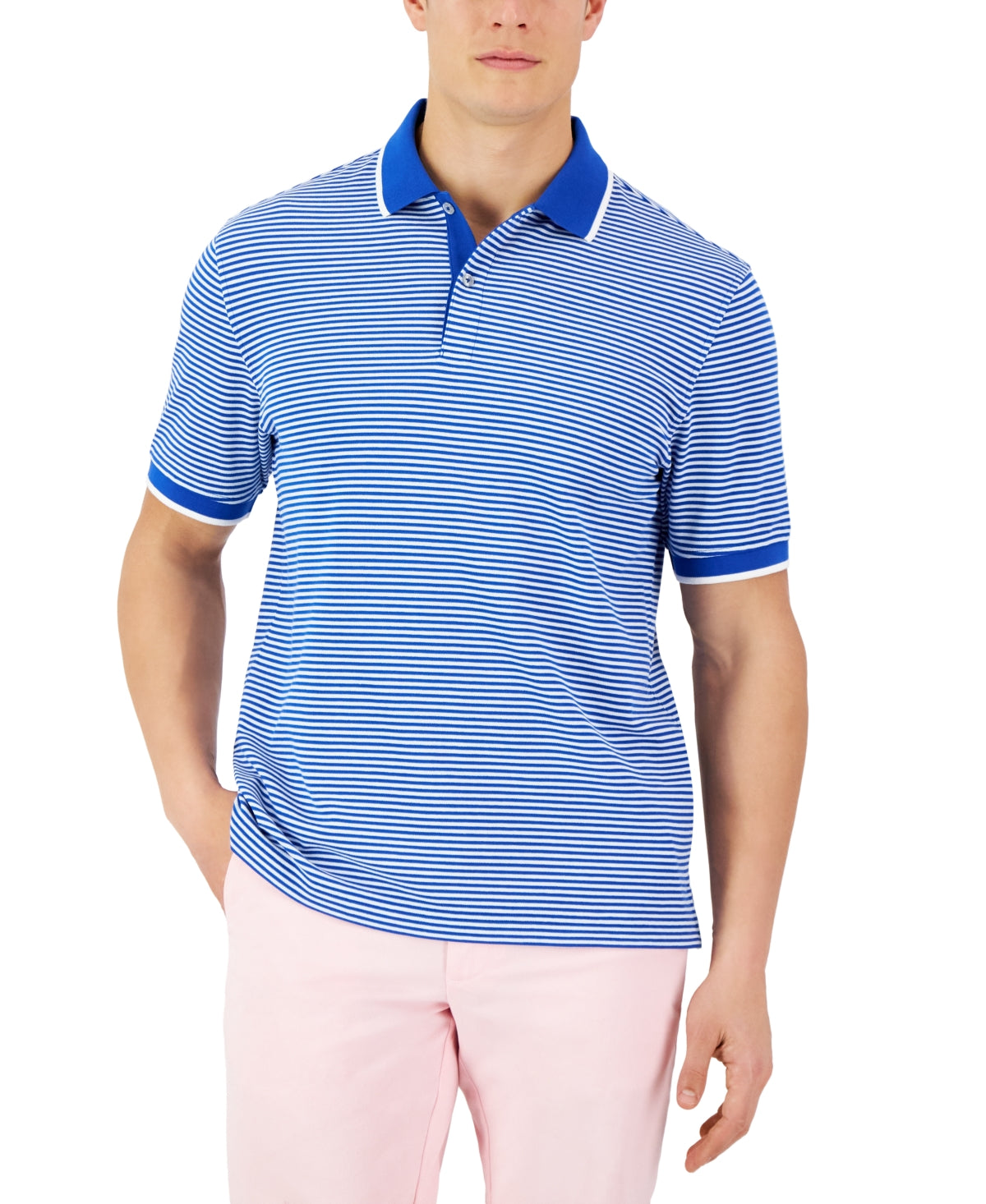 Club Room Mens Skinny Striped Pique Polo Shirt Blue XL