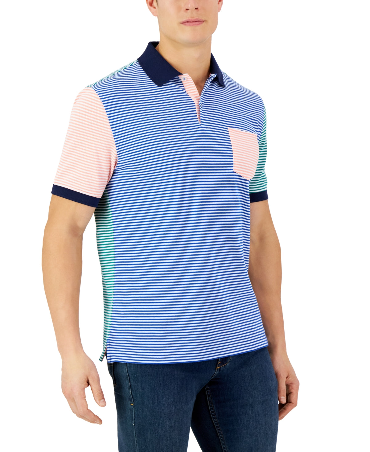 Club Room Mens Colorblocked Striped Short Sleeve Polo Hyper Blue Small