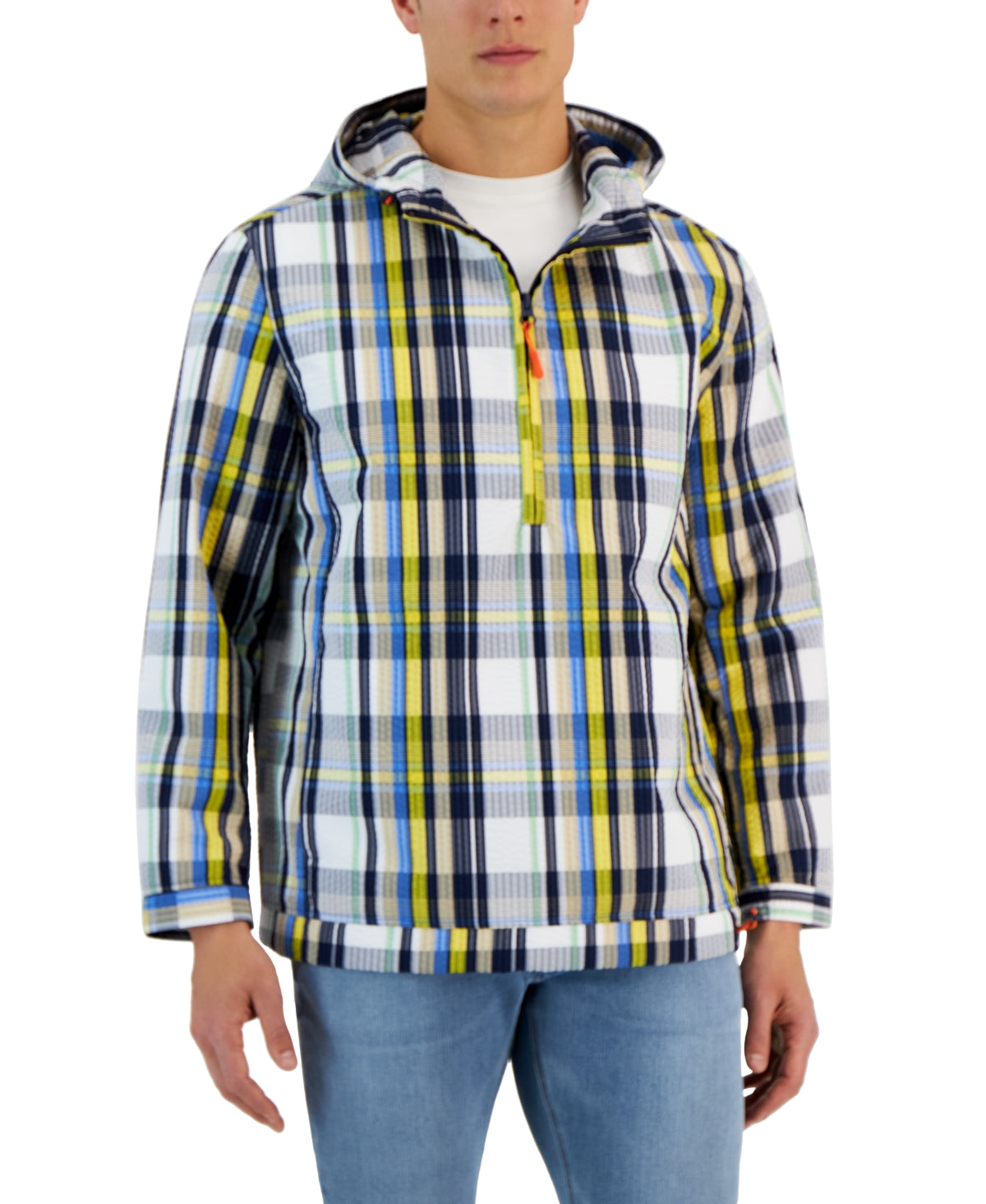 Club Room Men's Seersucker Plaid Half-Zip Pullover Anorak Jacket 2XL White