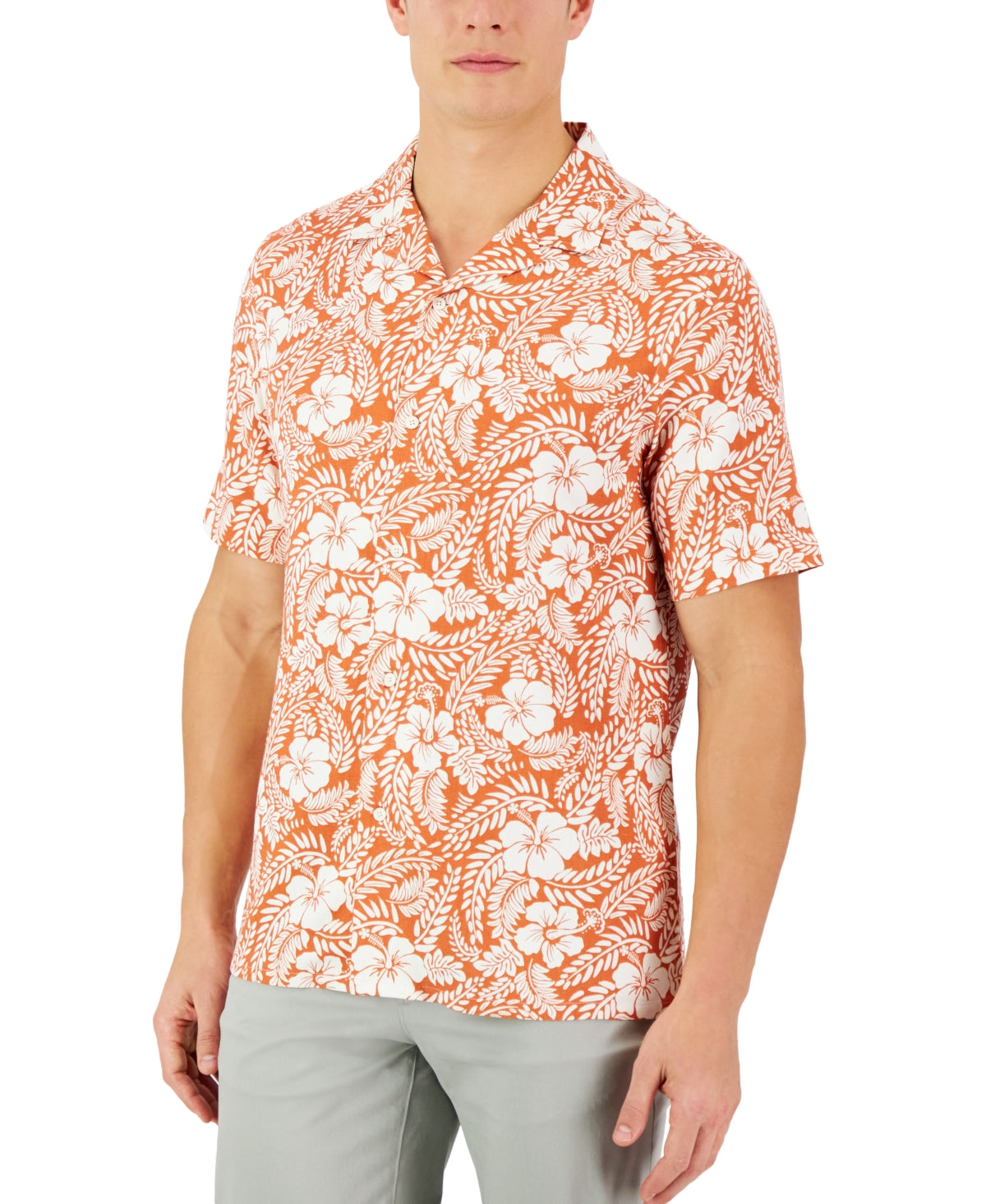 Club Room Men's Short Sleeve Johnson Floral Silk Button Down Shirt Orange Small