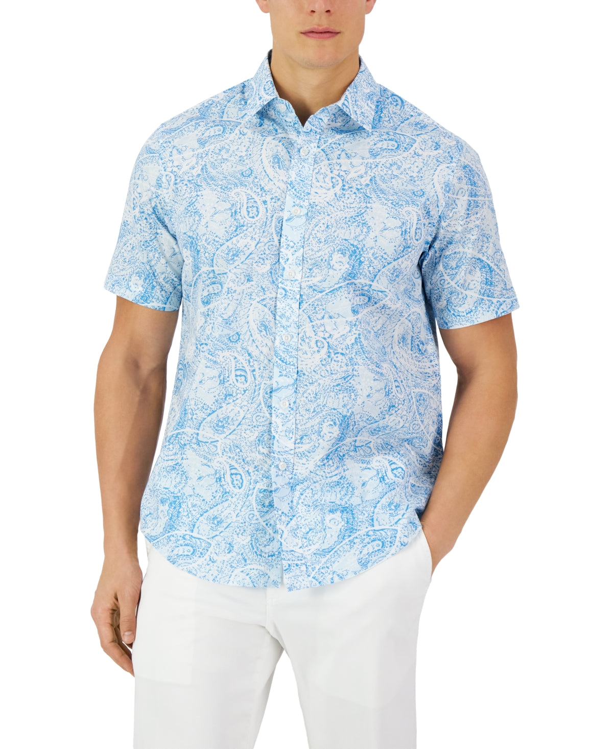 Club Room Men's Robert Paisley Refined Woven Button Down Shirt Blue 2XL