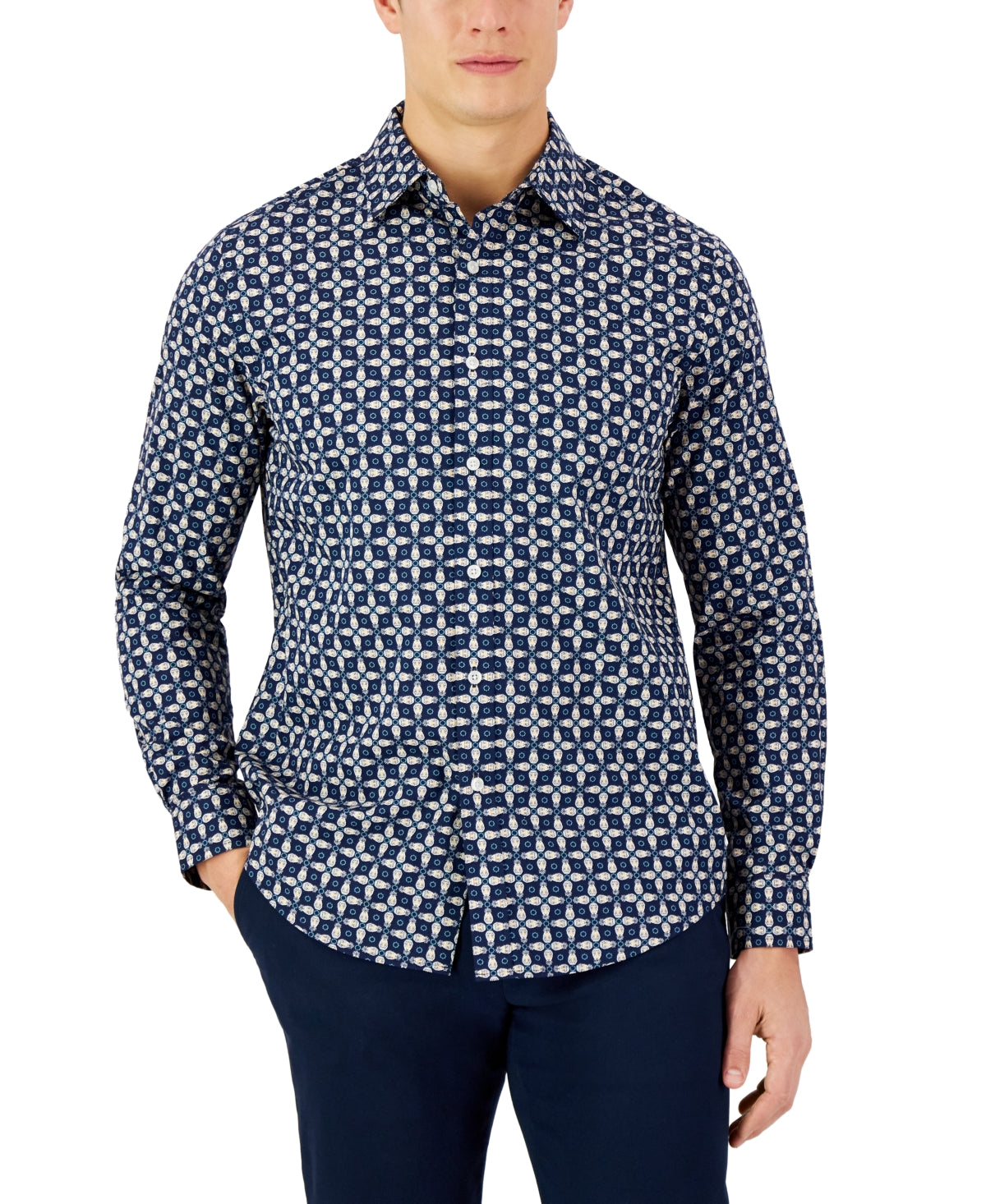 Club Room Men's Long sleeve Pineapple Shirt  Navy Blue Xl