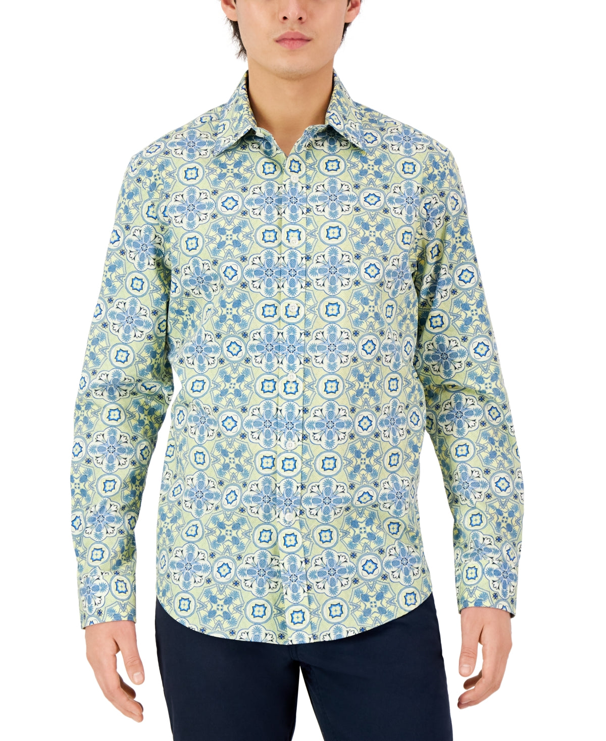 Club Room Men's Long Sleeve Button Down Shirt Larry Medall Yellow Combo Small