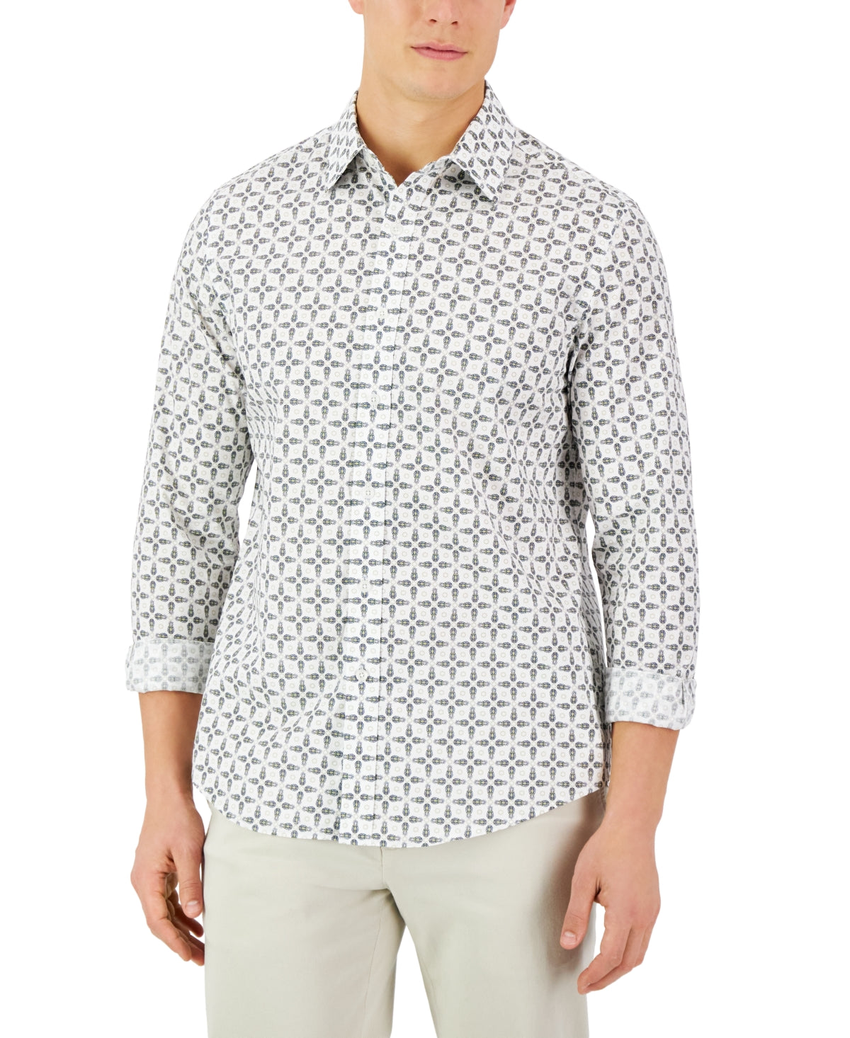 Club Room Mens Pineapple Print Long-Sleeve Button Down Shirt White Large