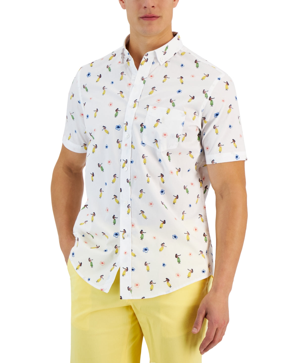 Club Room Mens Short Sleeve Button Down Print Shirt Bright White 2XL