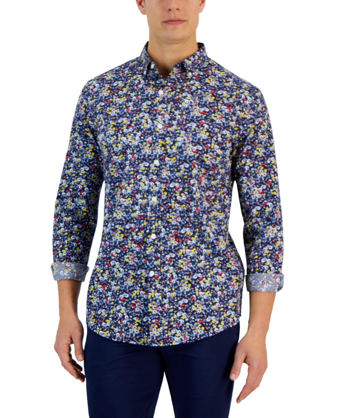 Club Room Mens Ken Long Sleeve Button-Down Shirt Navy Blue Small