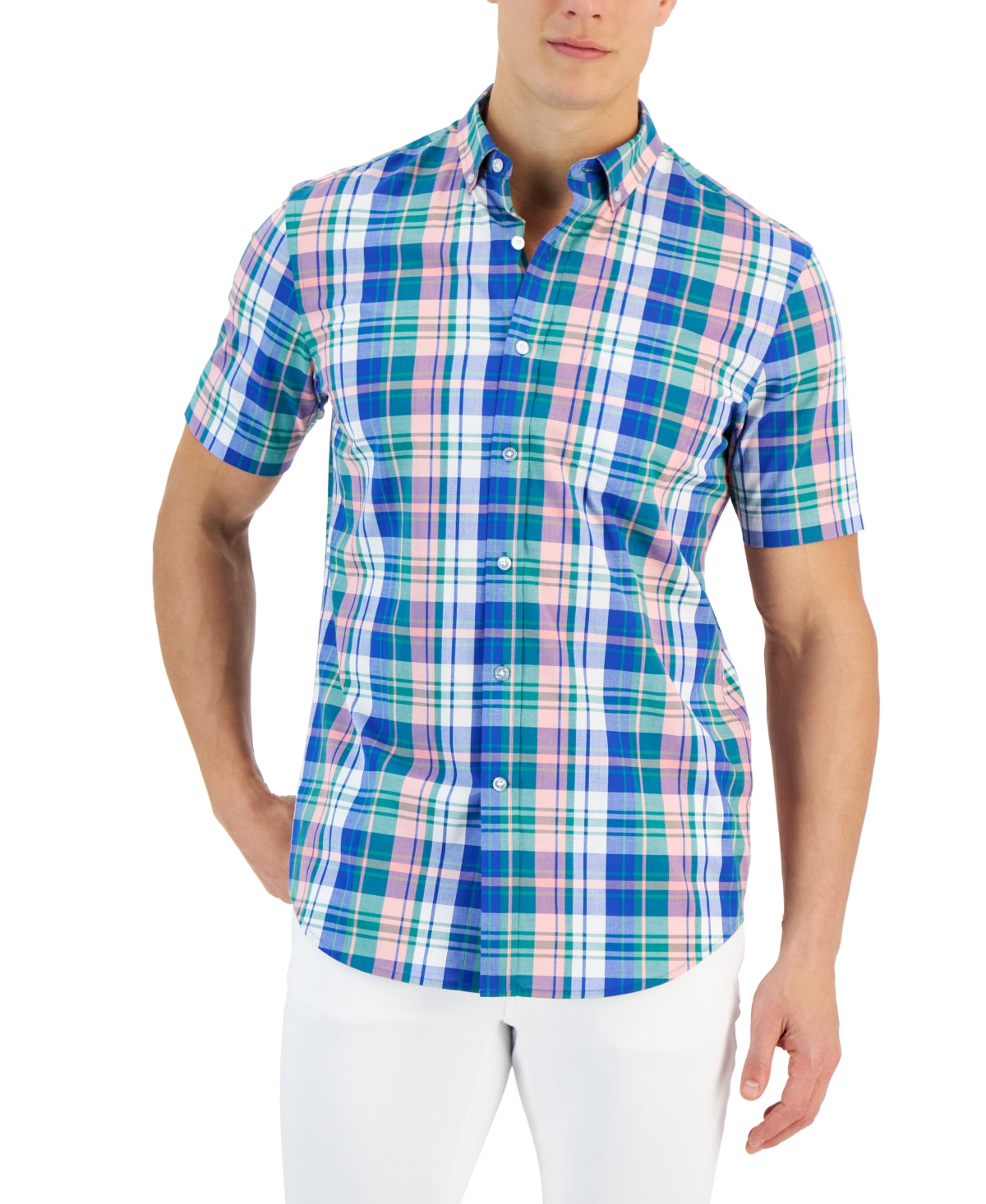 Club Room Mens Crown Plaid Short Sleeve Button Down Shirt Hyper Blue Medium