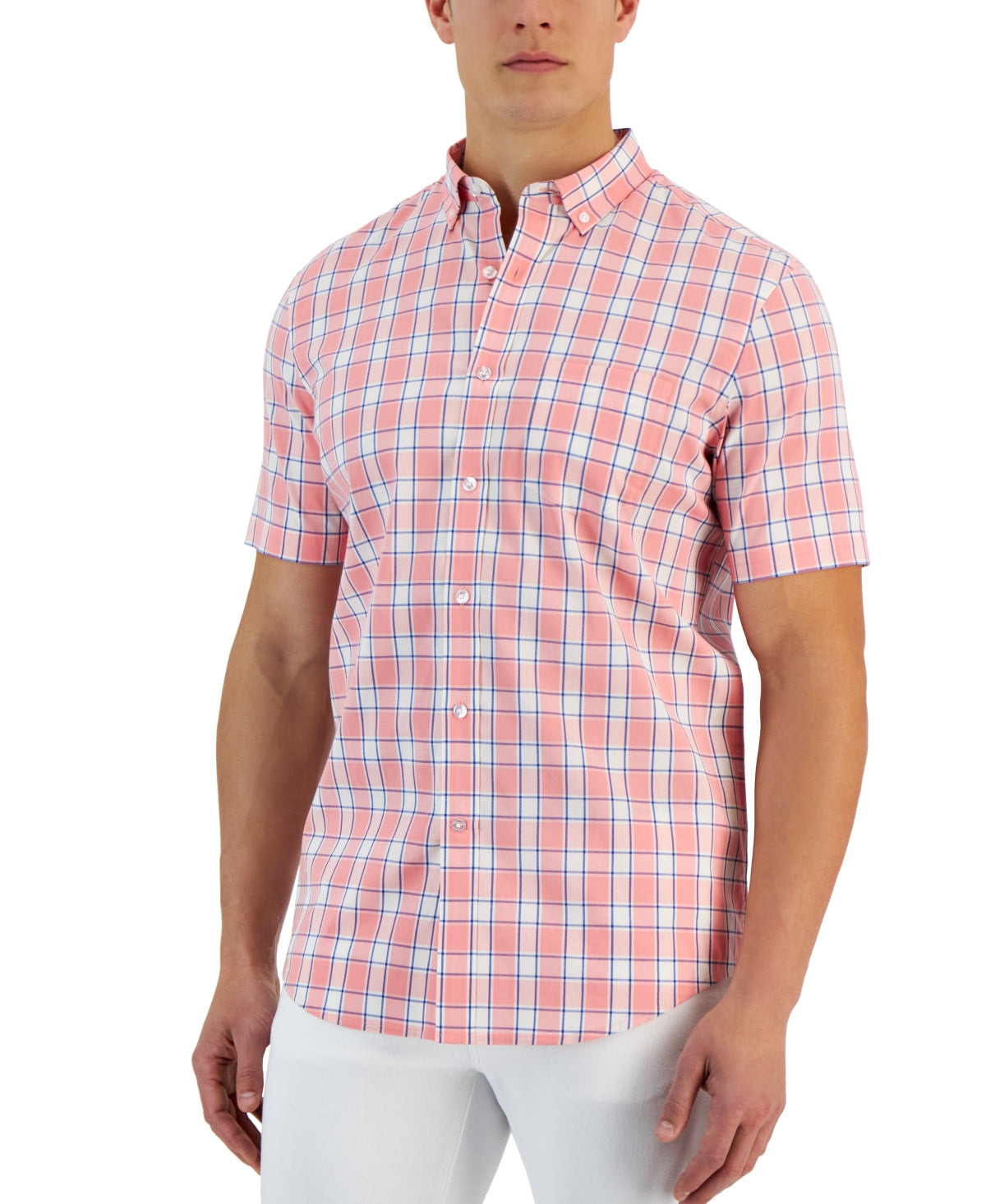 Club Room Verde Short Sleeve Button down Plaid Shirt Pink Medium