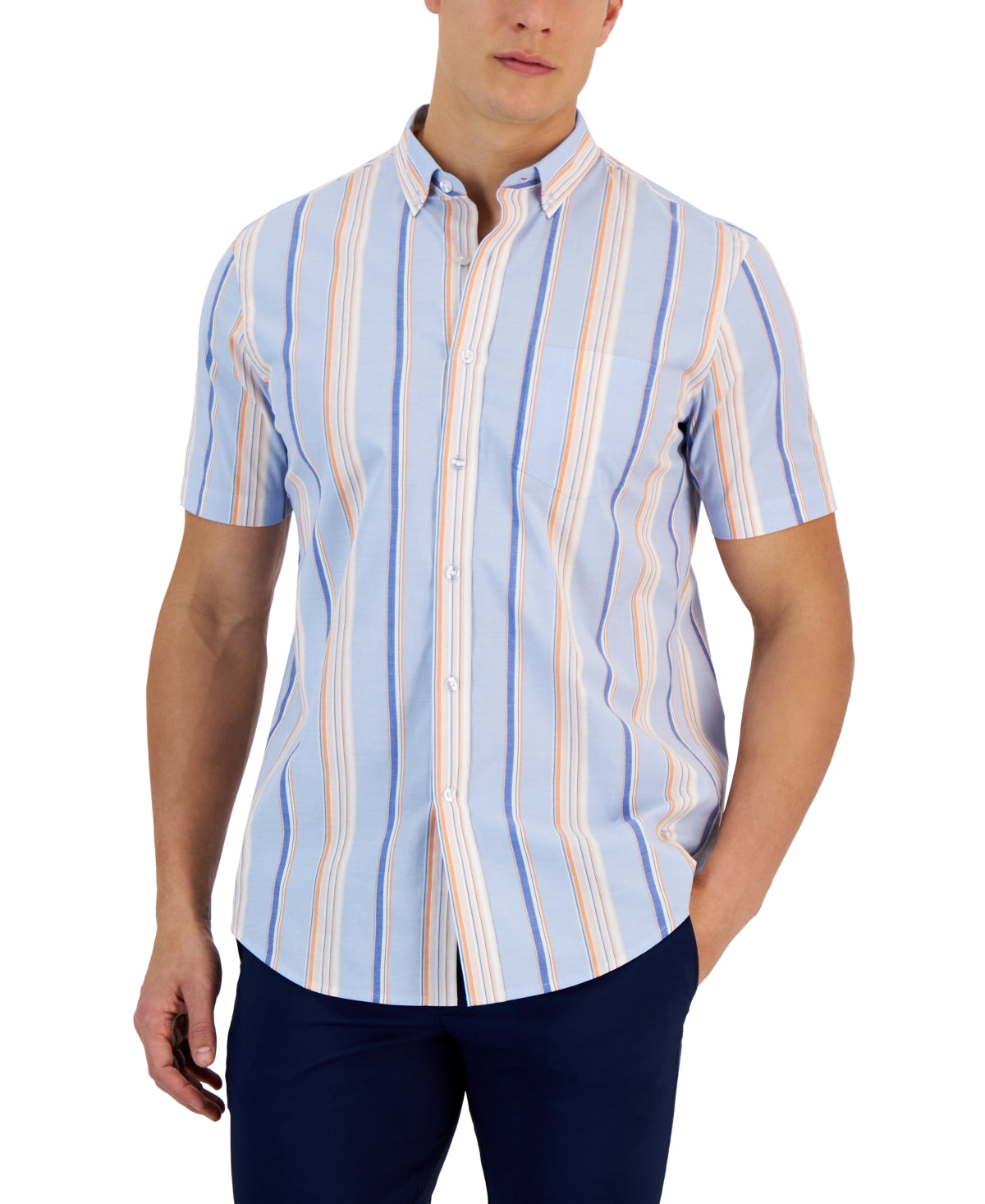 Club Room Men's Striped Pattern Short Sleeve Shirt Pale Ink Blue Small