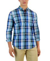 Club Room Arthur Plaid Long Sleeve Button Up Shirt Navy Blue Small