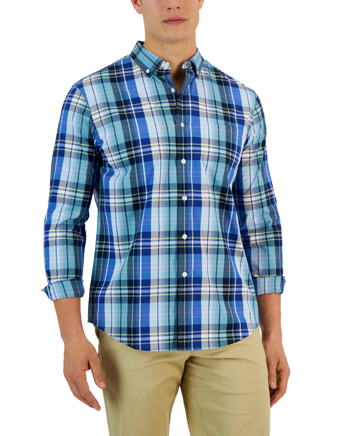 Club Room Men's Arthur Classic-Fit Plaid Button Navy Blue Medium
