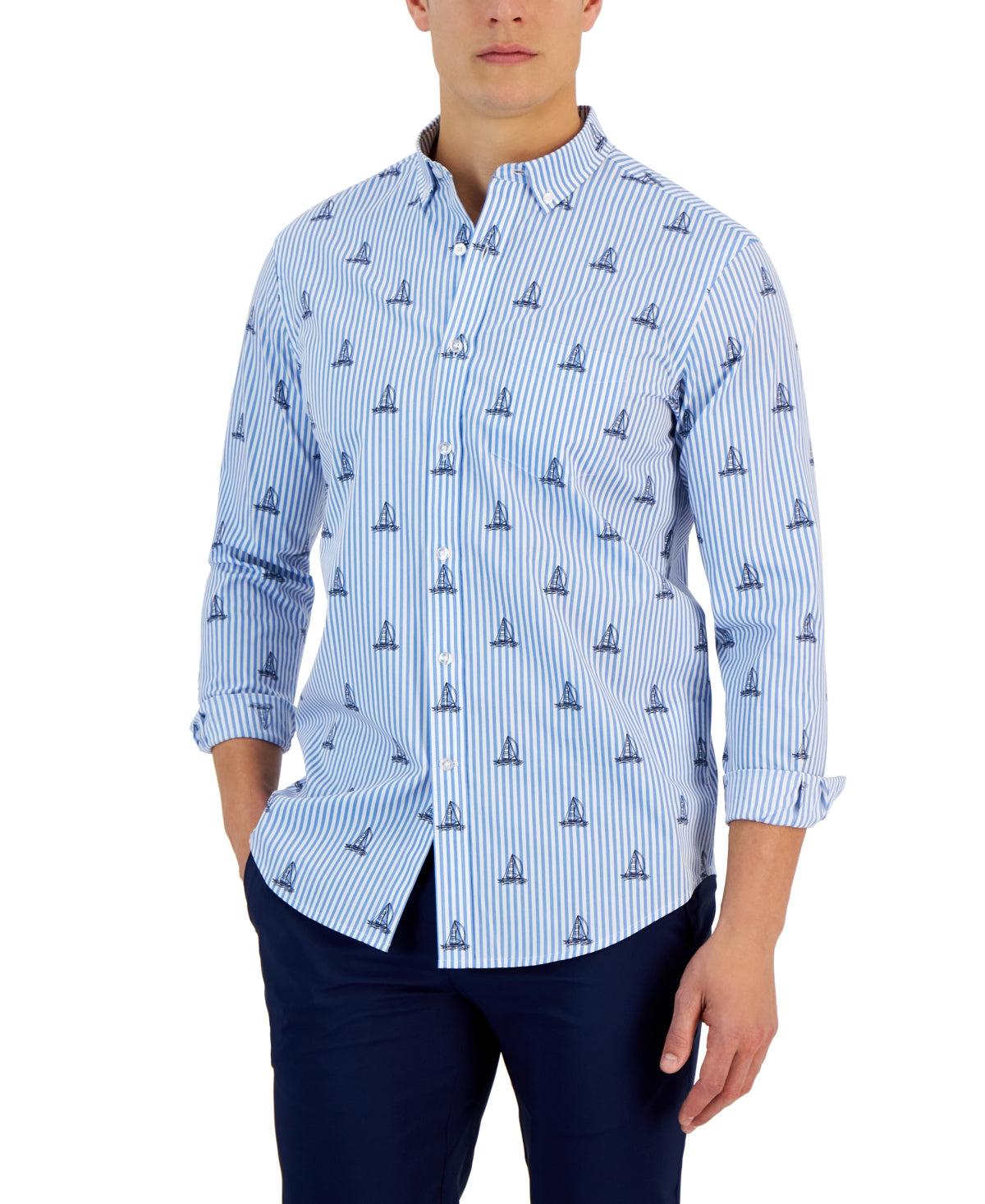 Club Room Men's Stripe Sailboat-Print Button-Down Poplin Shirt Medium Blue