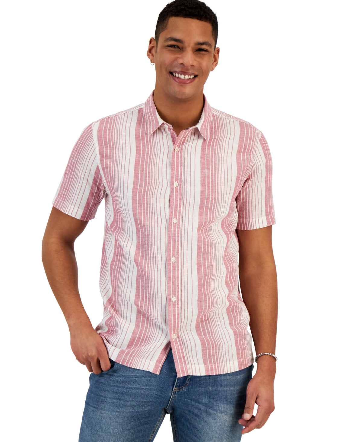 Sun + Stone Mens Garret Stripe Short Sleeve Button Down Shirt Coral Pink Large
