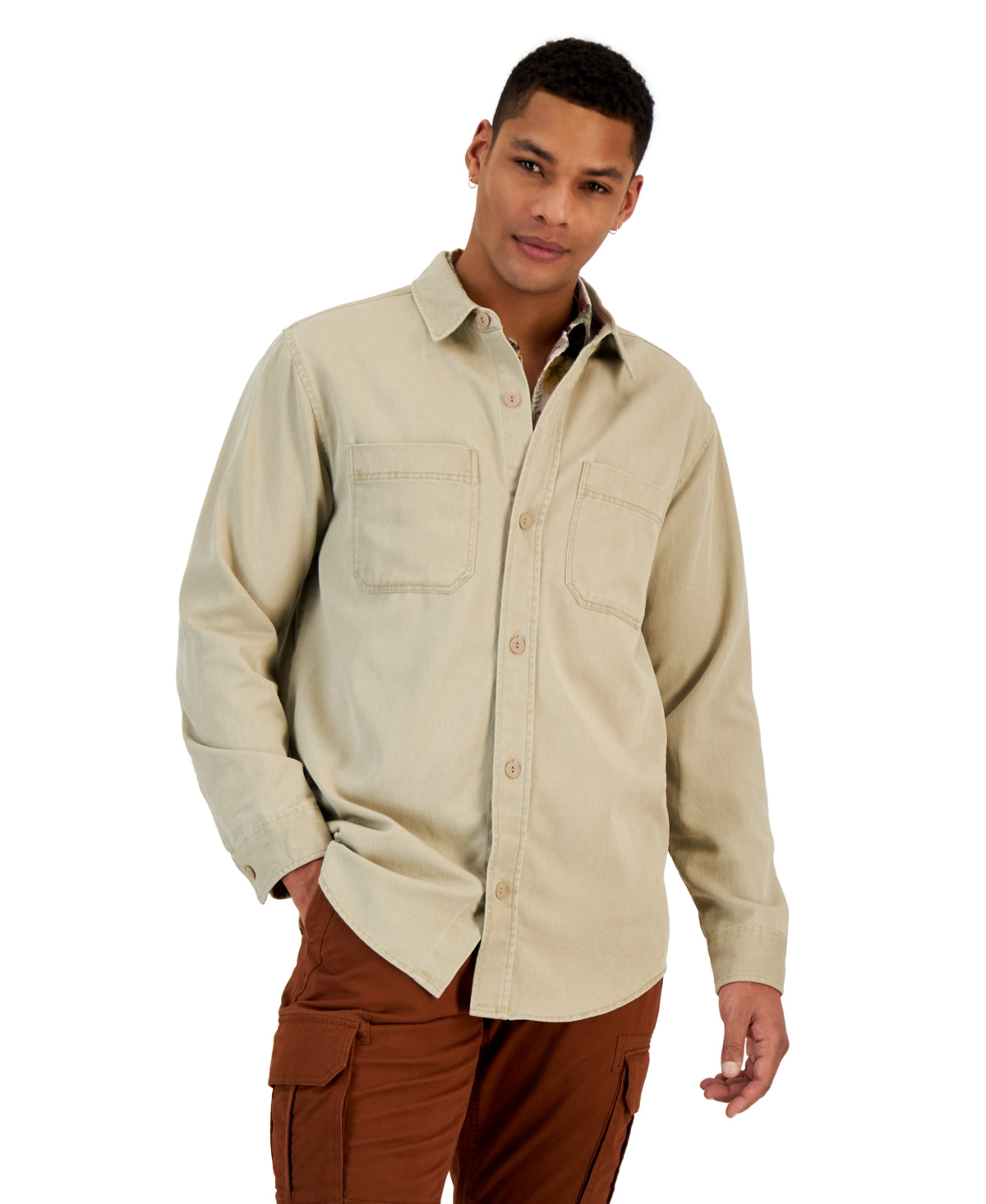 Sun + Stone Men's Edgar Long-Sleeve Shirt Small Khaki Tan