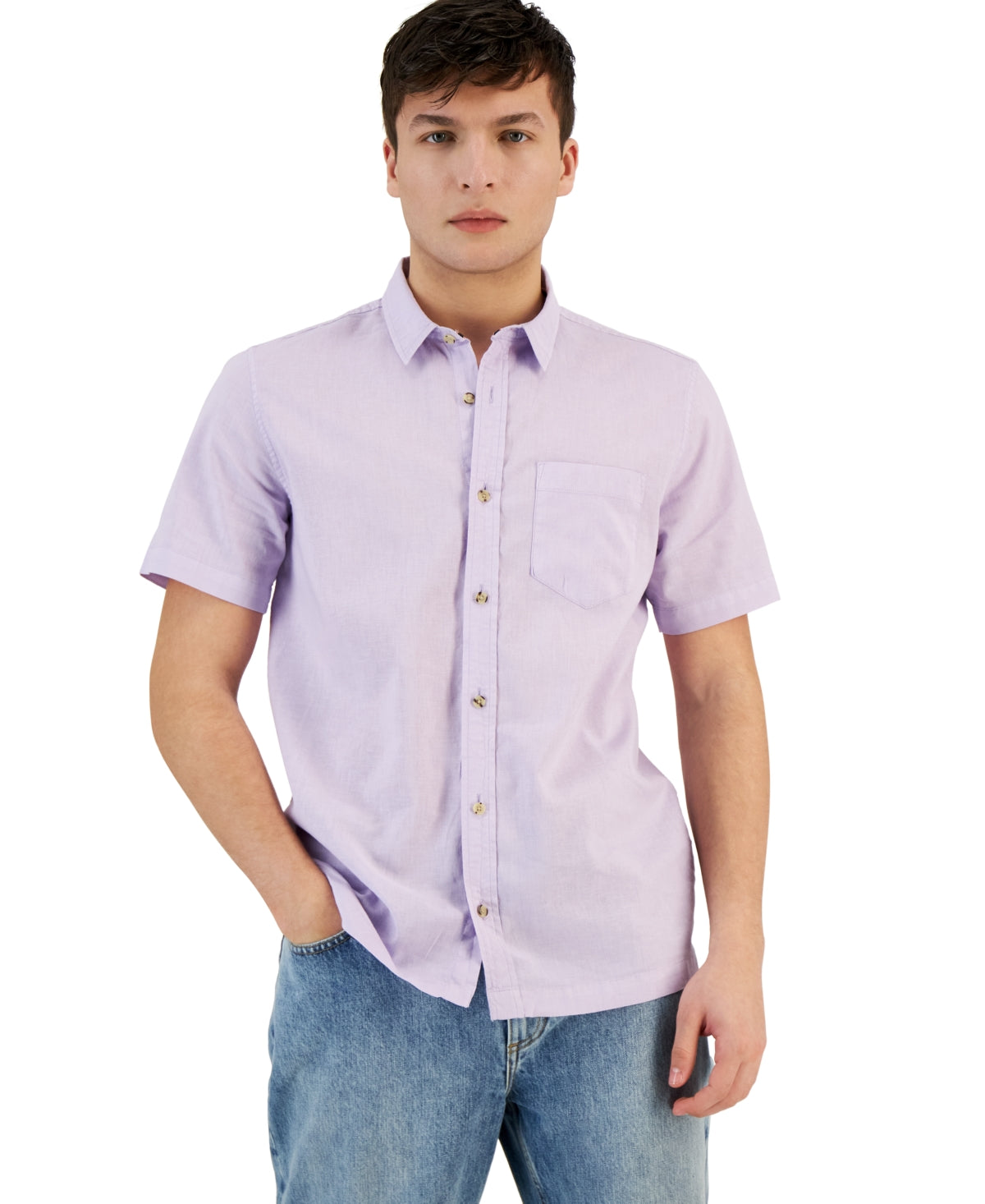 Sun + Stone Mens Blake Linen Short Sleeve Button Down Shirt Purple Large