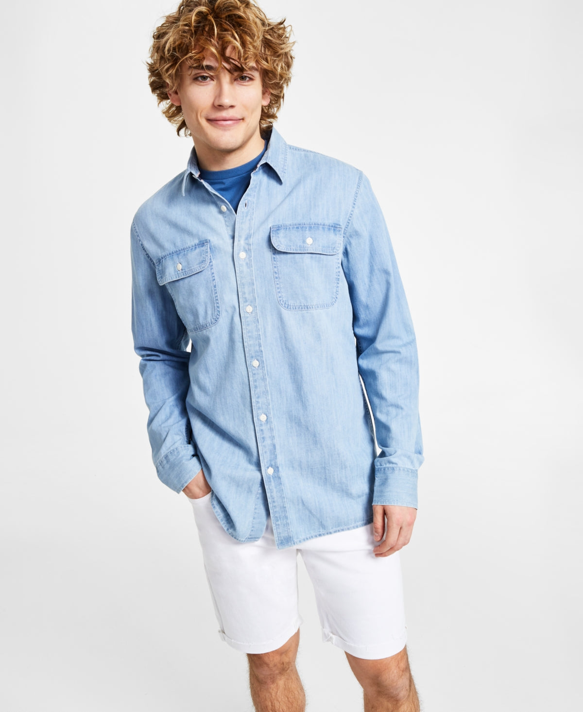 Sun + Stone Men's Denim Blue Long Sleeve Button Down Shirt Small