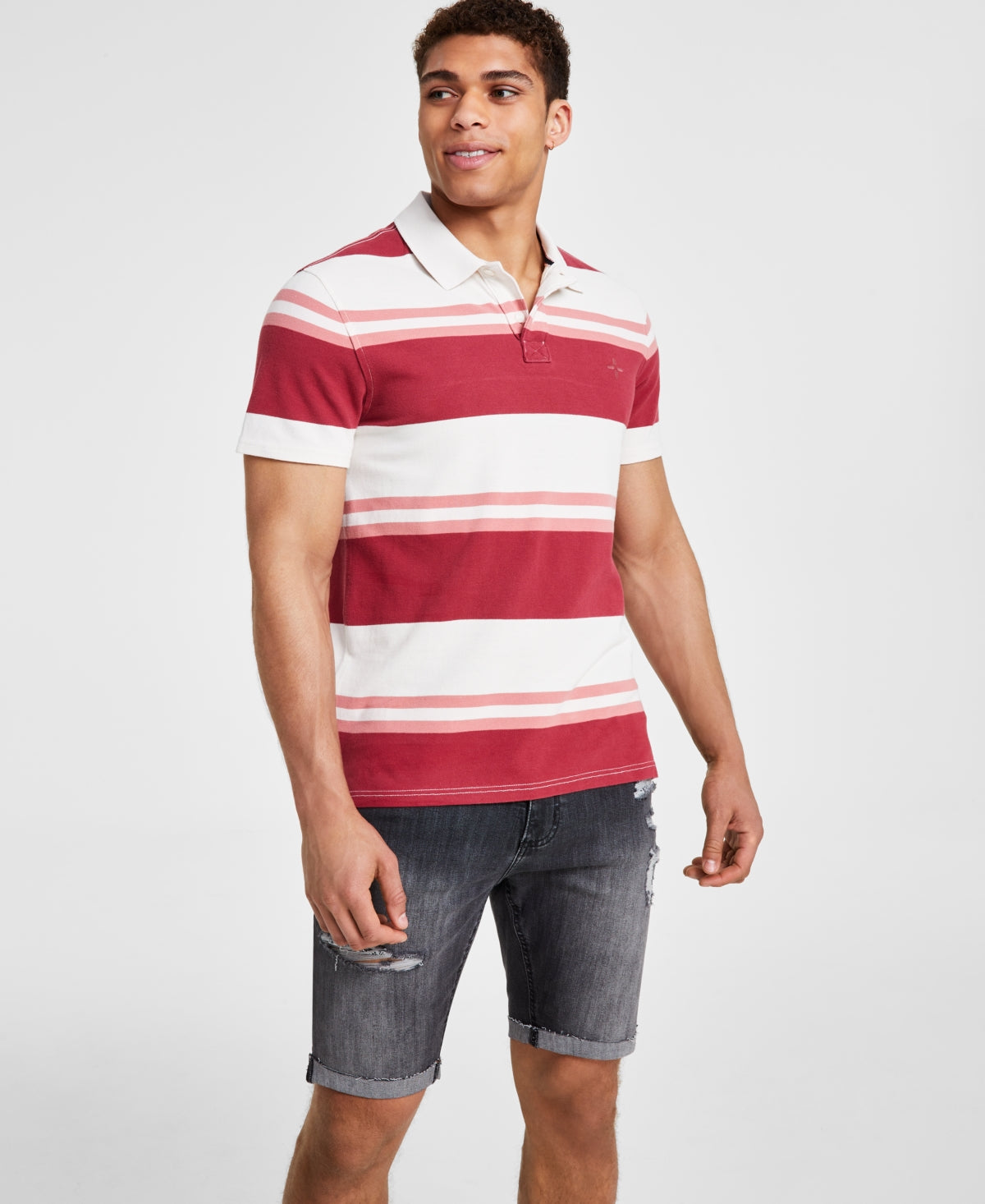 Sun + Stone Men's Simon Stripe Short Sleeve Polo Shirt Small Red