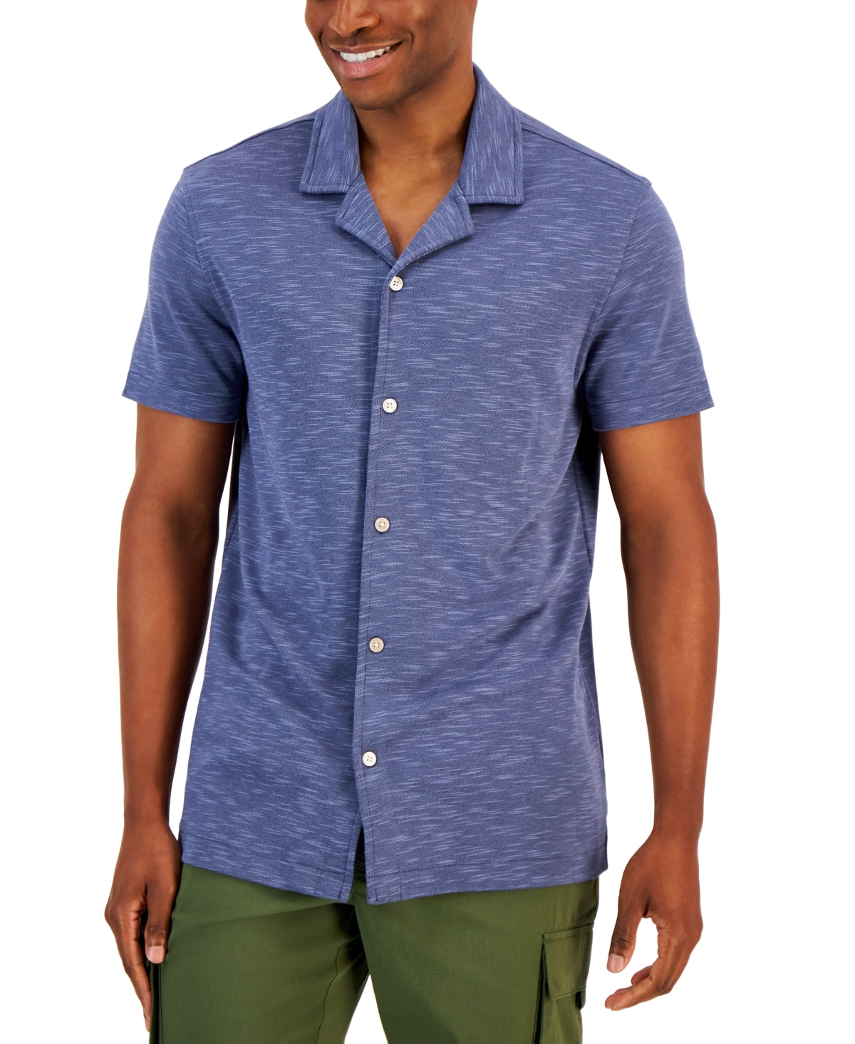 Alfani Mens Space Dyed Textured Short Sleeve Button Down Shirt Navy Blue Large
