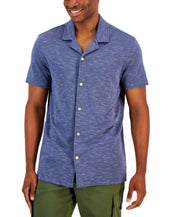 Alfani Men's Slub Pique Textured Short Sleeve Button Down Camp Shirt Blue XXL