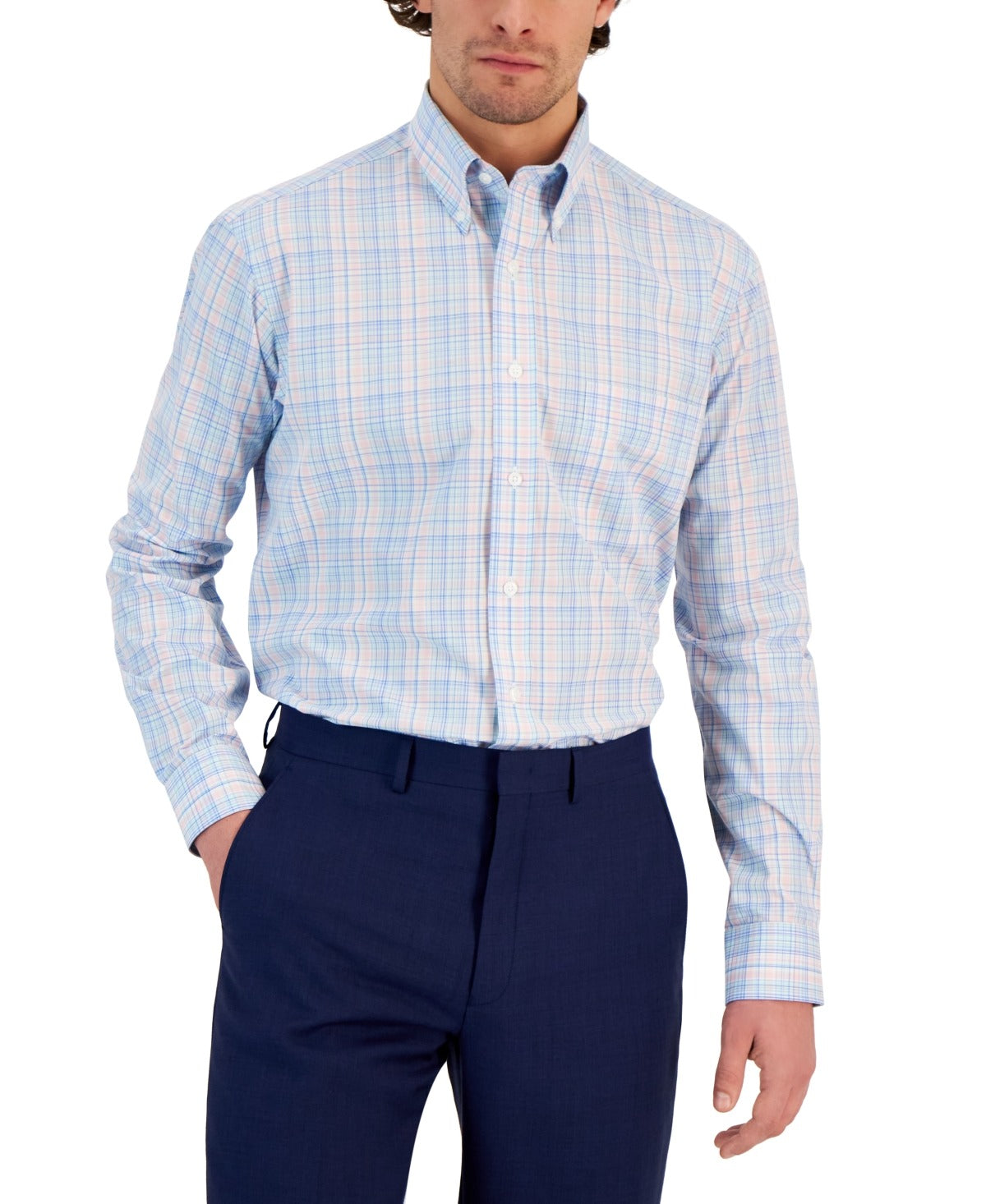 Club Room Men's Regular Fit Cotton Plaid Dress Shirt, 17.5 32 / 33 Pink Green