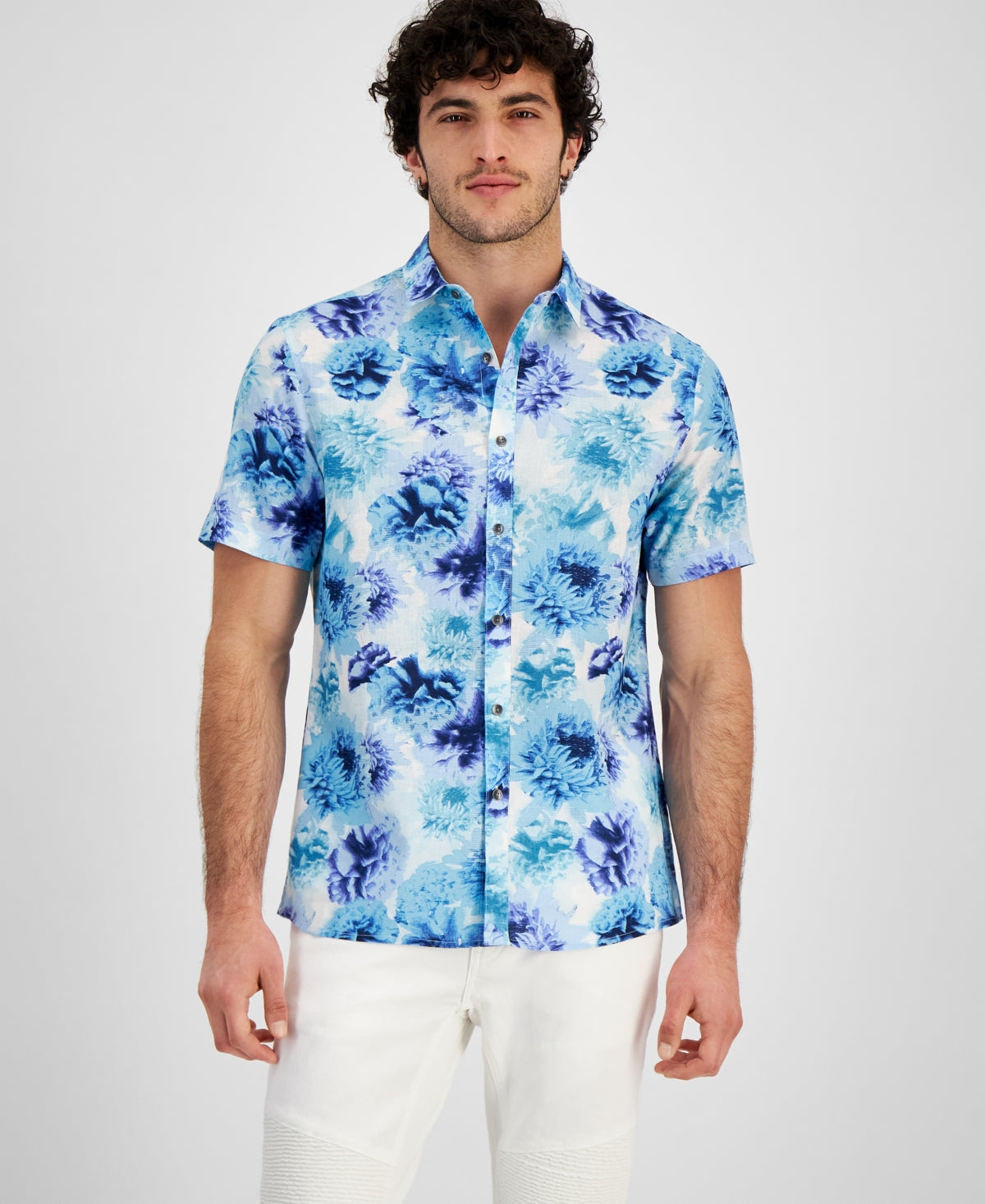 International Concepts Men's Regular Fit Floral Button Down Shirt Blue XS