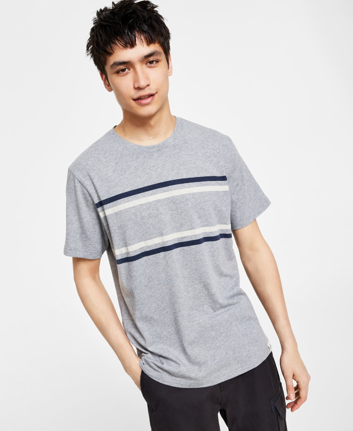 Sun + Stone Mens Whitney Chest Stripe Short Sleeve T Shirt Grey XL