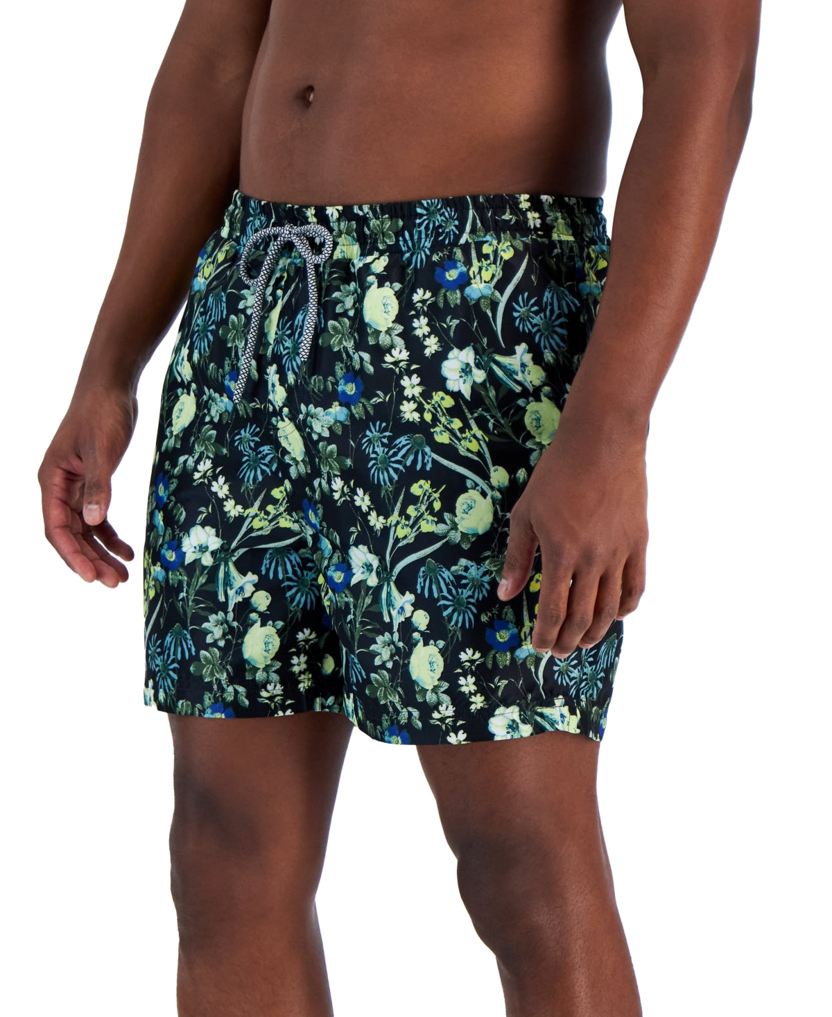 INC International Concepts Men's Garden Floral Print 5" Swim Trunks Black Medium