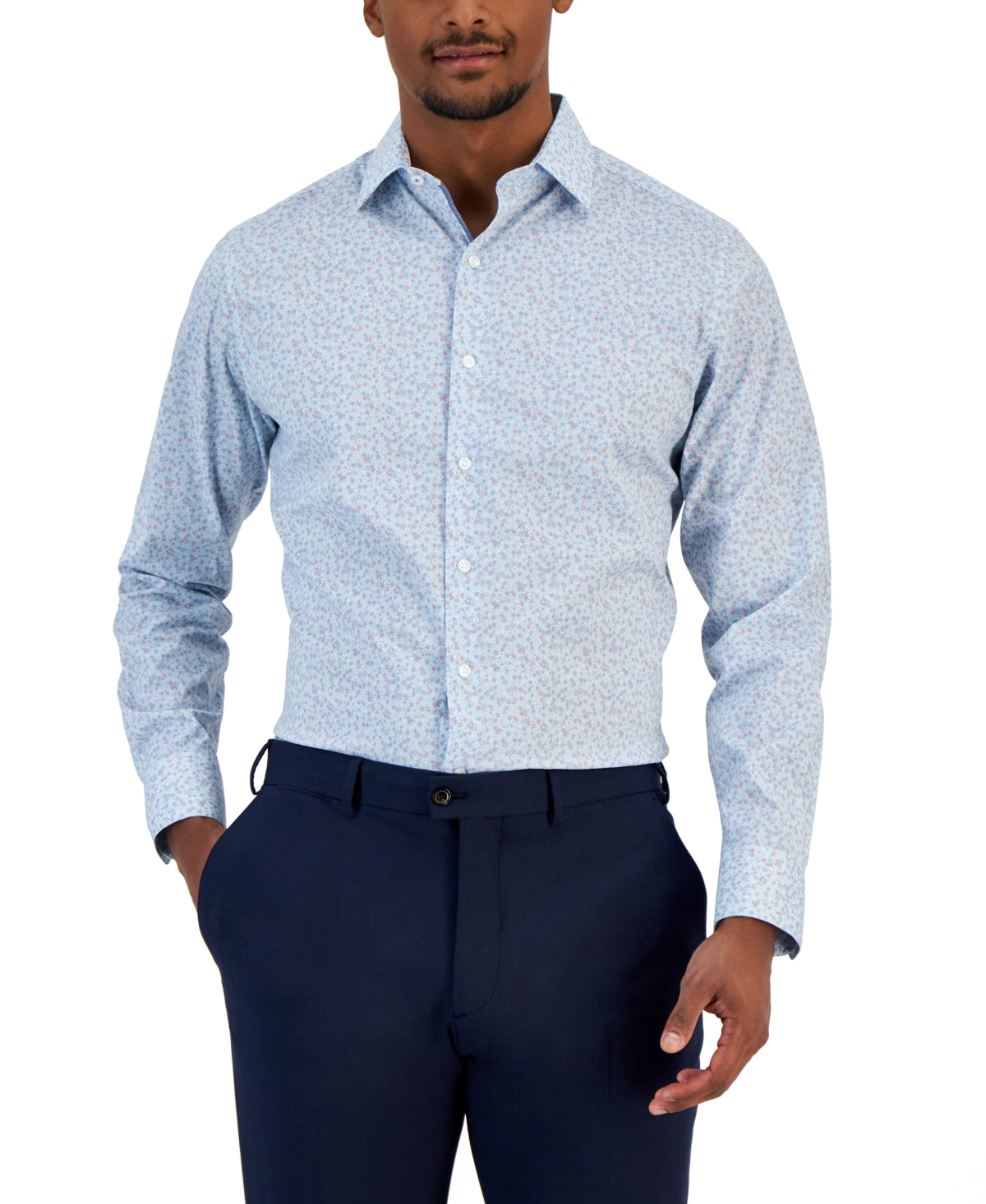 Bar III Mens Floral-Print Button Down Dress Shirt Blue Pink Medium