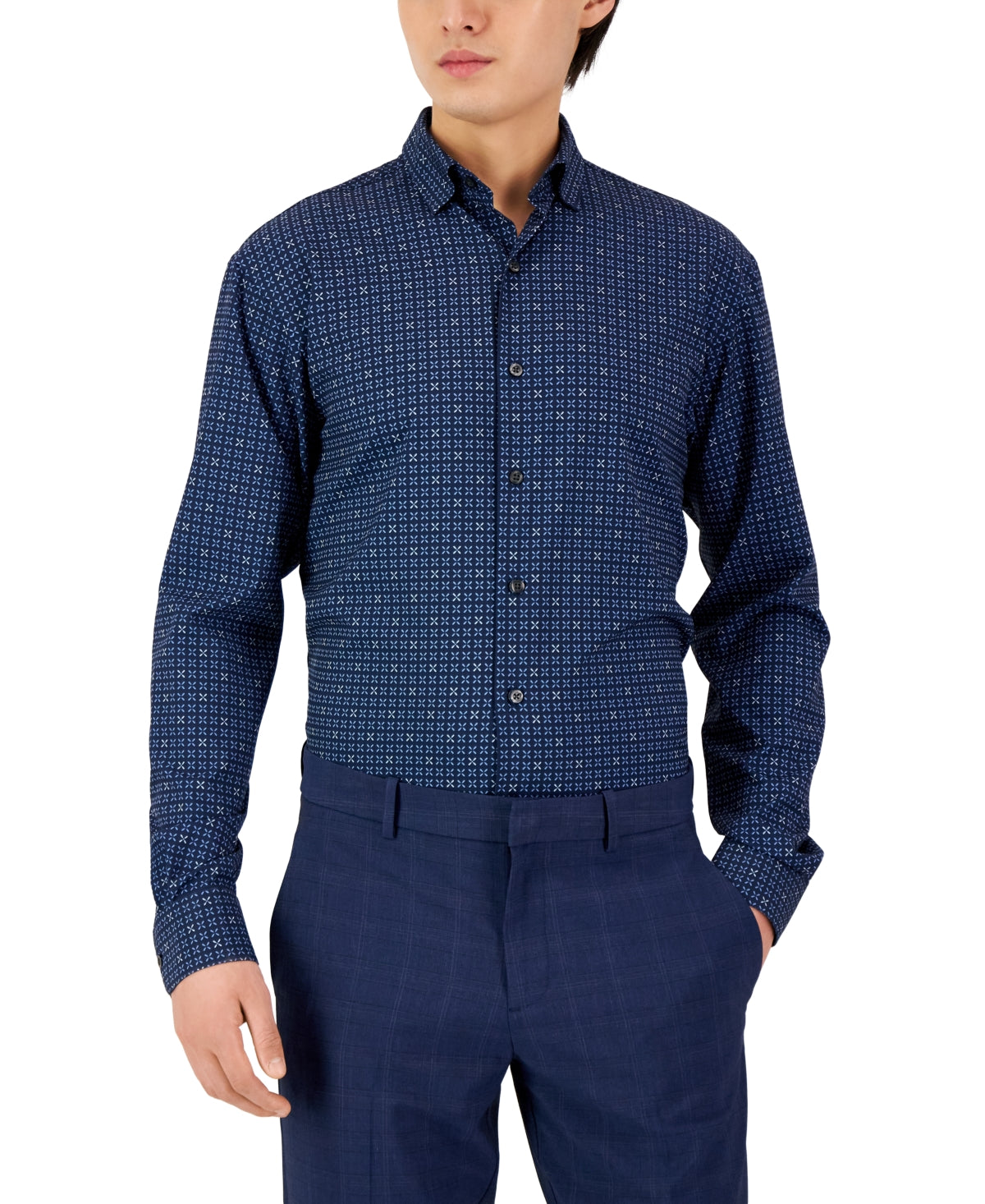 Alfani Men's Regular Fit Travel Geo Print Dress Shirt Navy Blue 17-17.5 / 34-35